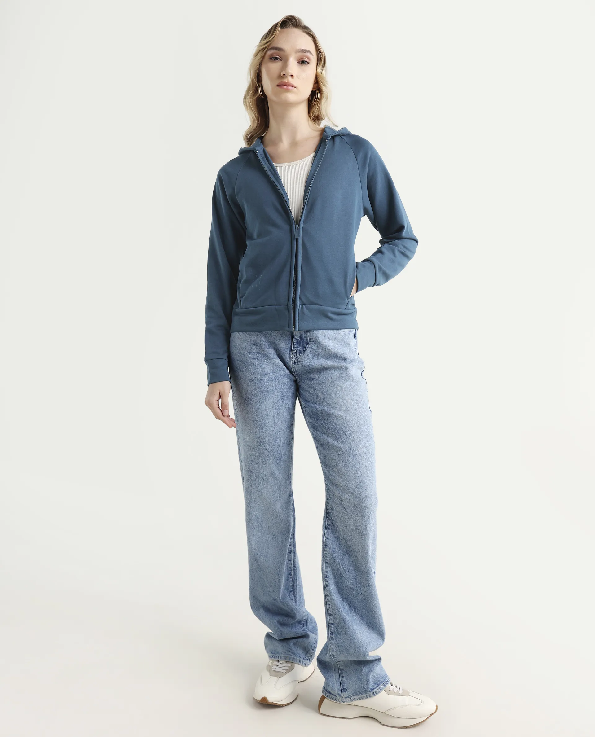 Rareism Women's Medium Weight Terry 290 Gsm Cotton Blend Hooded Plain Regular Fit Jacket - Image 2