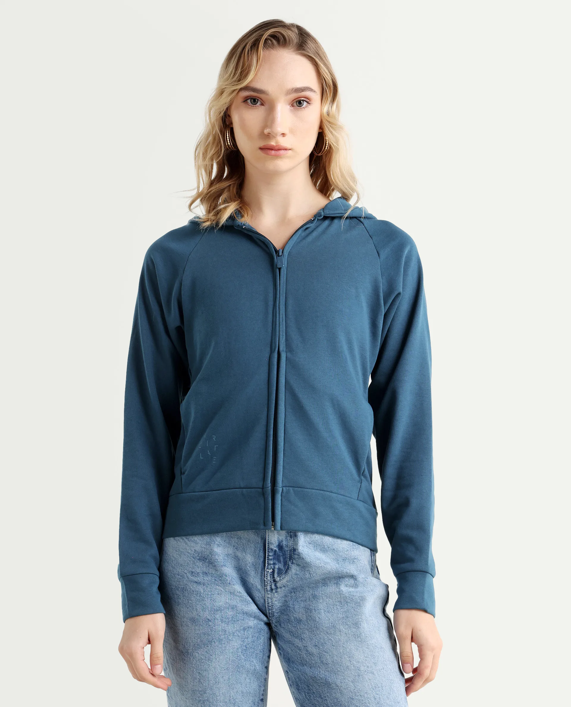 Rareism Women's Medium Weight Terry 290 Gsm Cotton Blend Hooded Plain Regular Fit Jacket - Image 3