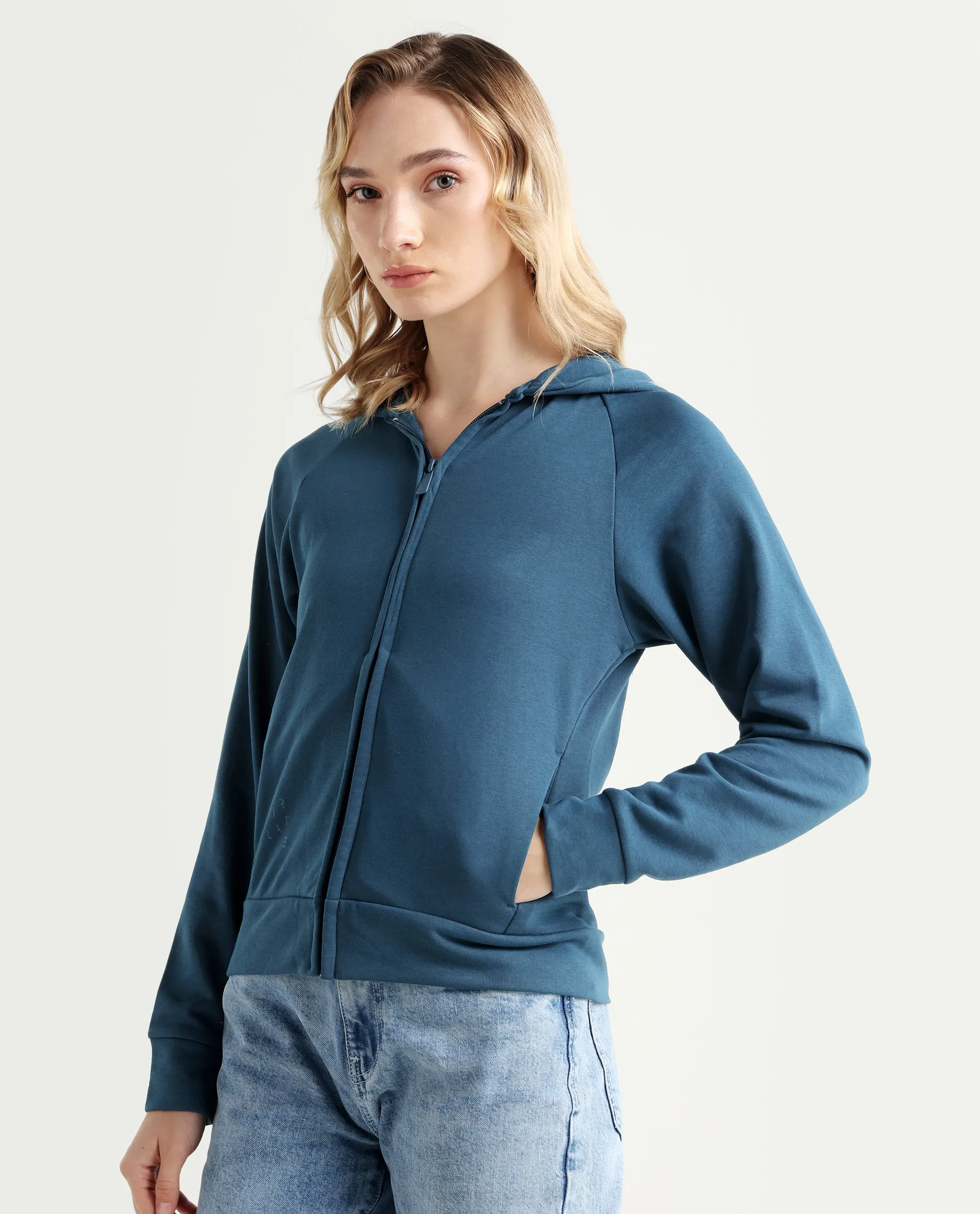 Rareism Women's Medium Weight Terry 290 Gsm Cotton Blend Hooded Plain Regular Fit Jacket - Image 5