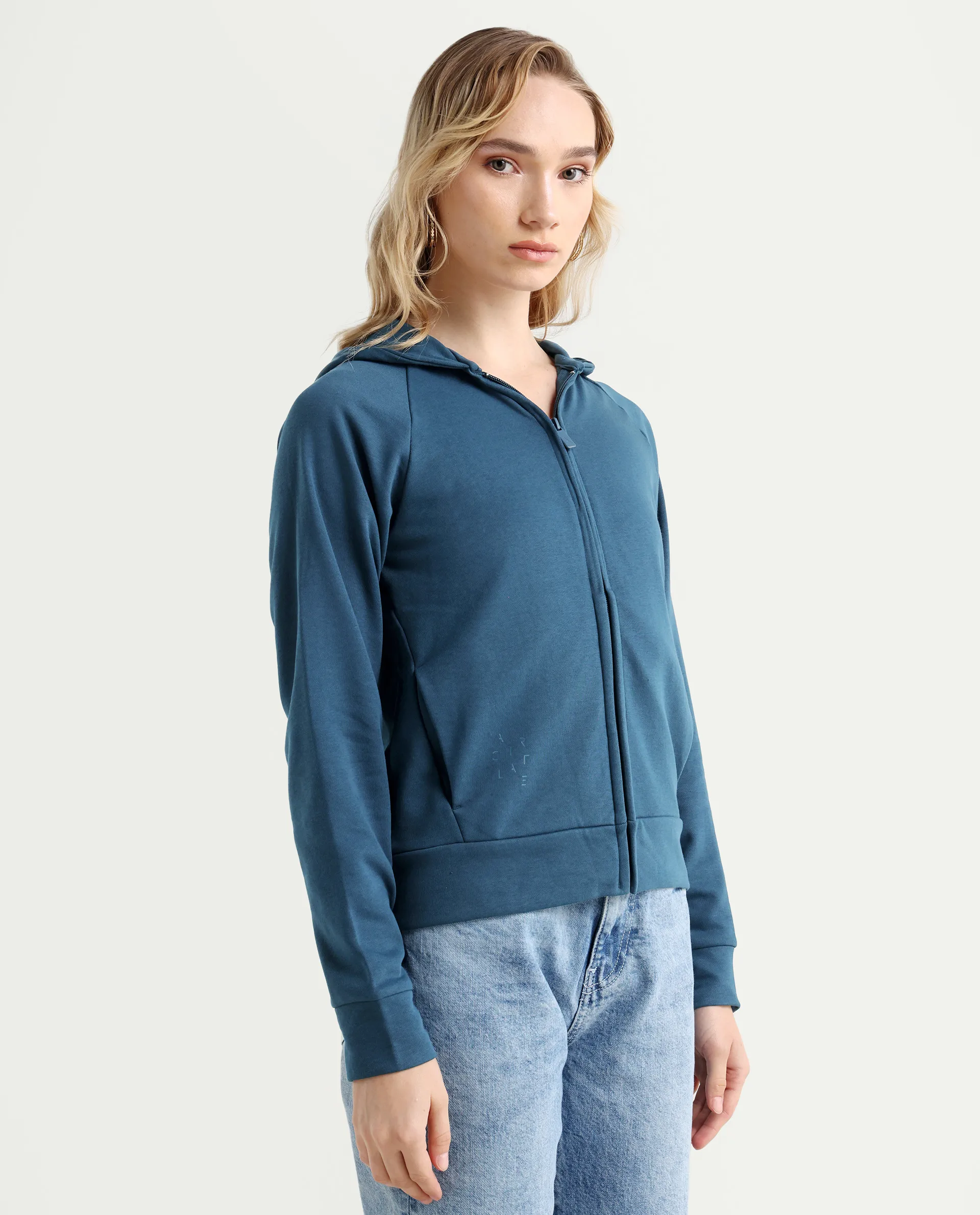 Rareism Women's Medium Weight Terry 290 Gsm Cotton Blend Hooded Plain Regular Fit Jacket - Image 6