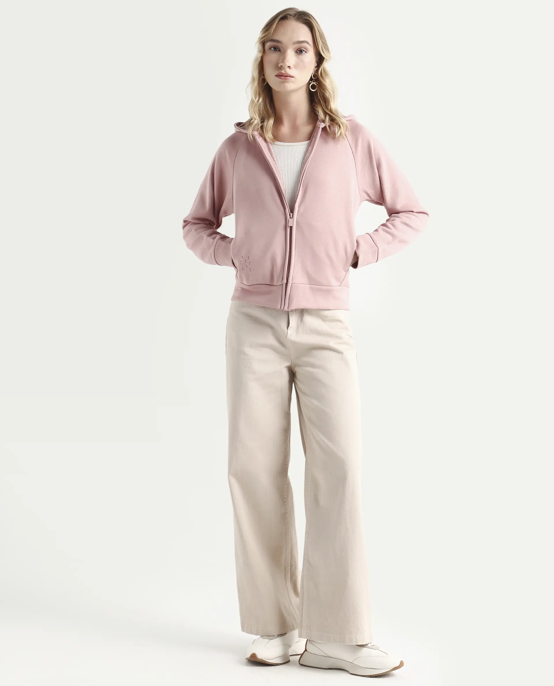 Rareism Women's Medium Weight Terry 290 Gsm Cotton Blend Hooded Plain Regular Fit Jacket - Image 2