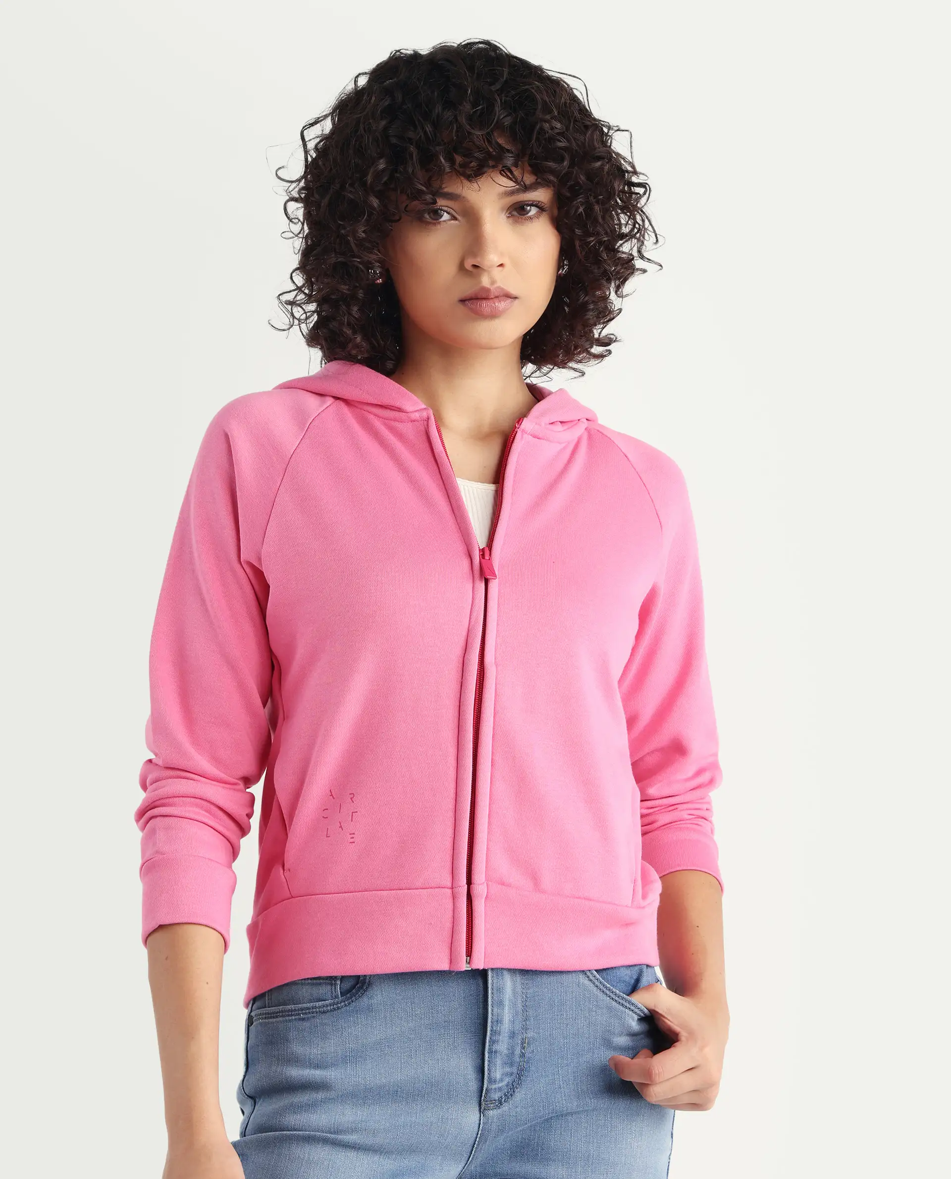 Rareism Women's Medium Weight Terry 290 Gsm Cotton Blend Hooded Plain Regular Fit Jacket - Image 3