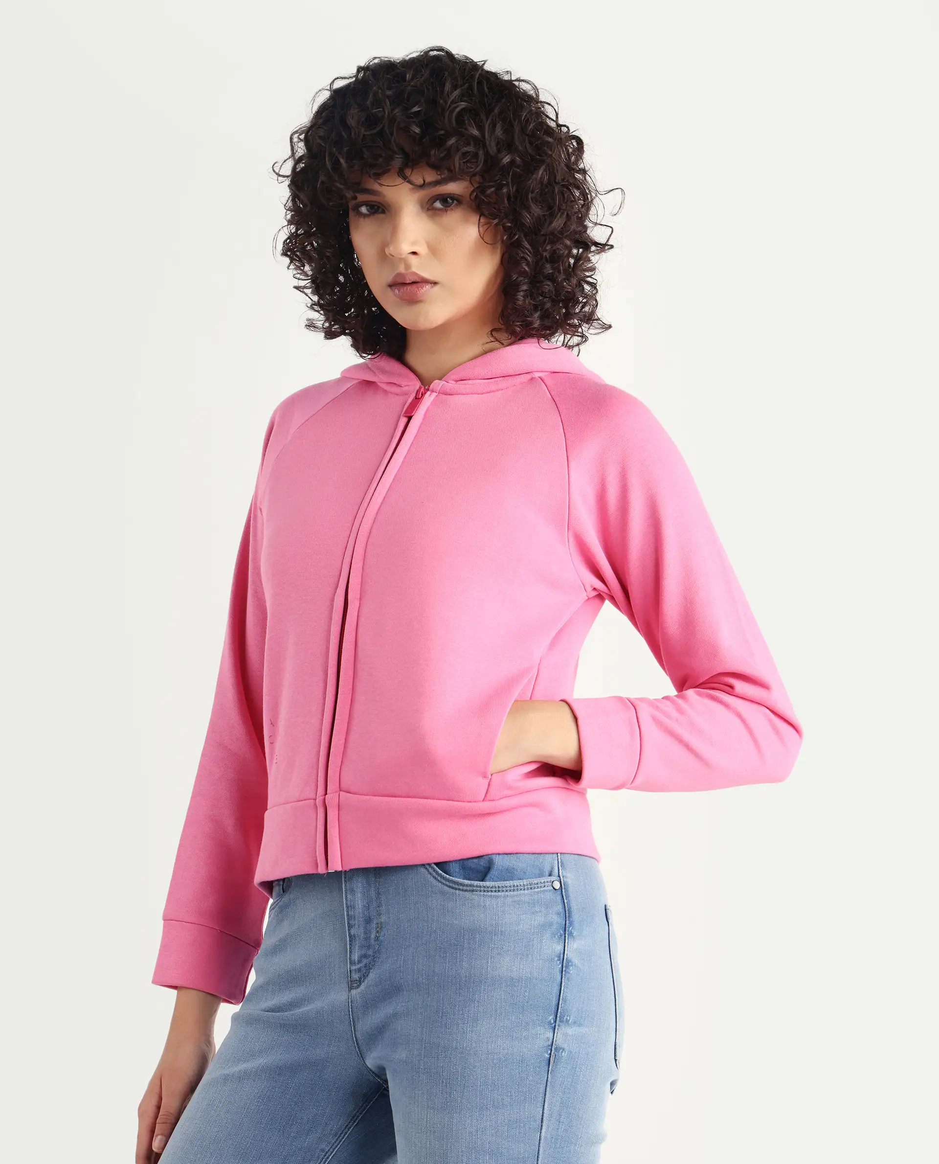 Rareism Women's Medium Weight Terry 290 Gsm Cotton Blend Hooded Plain Regular Fit Jacket - Image 4