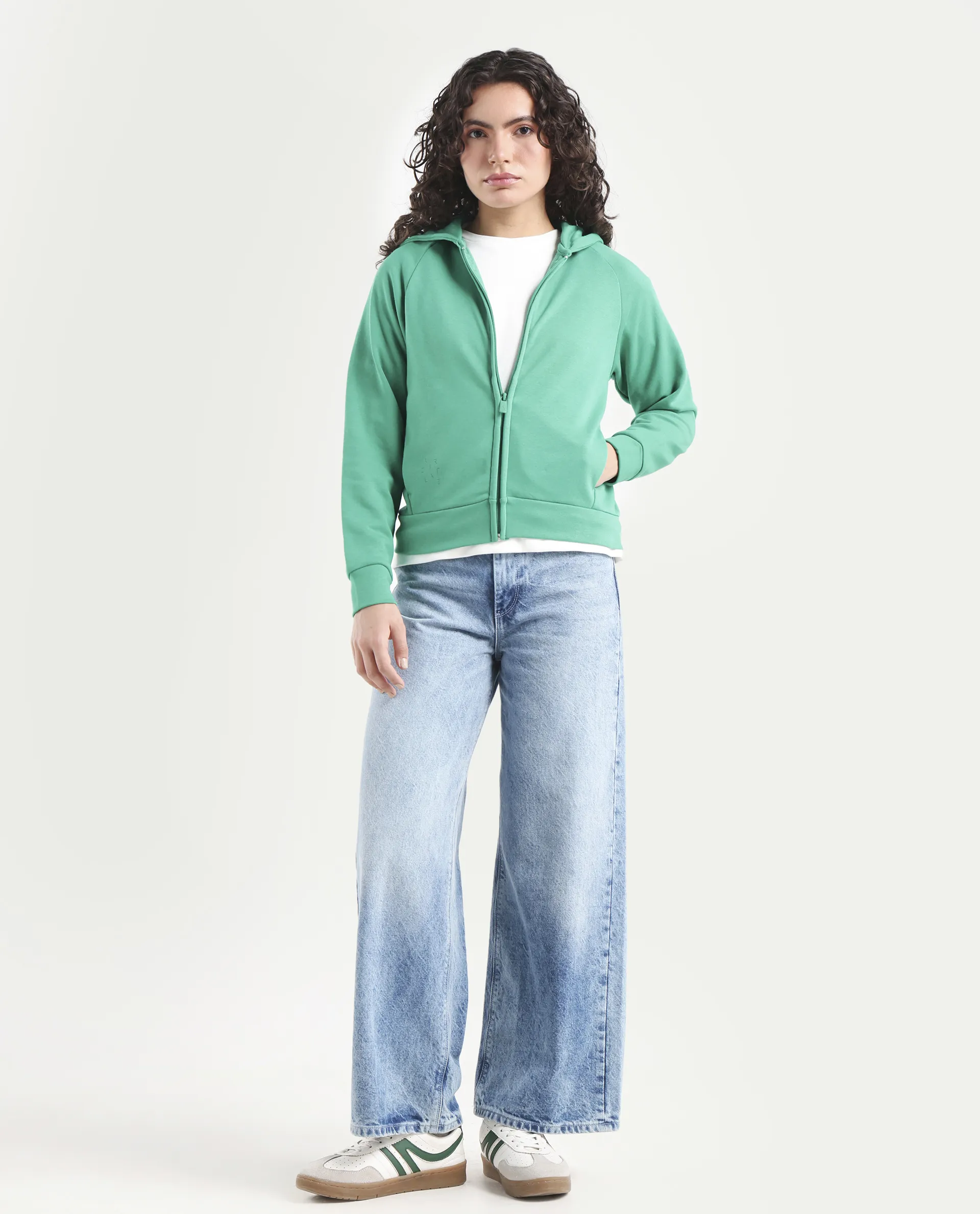 Rareism Women's Medium Weight Terry 290 Gsm Cotton Blend Hooded Plain Regular Fit Jacket - Image 2