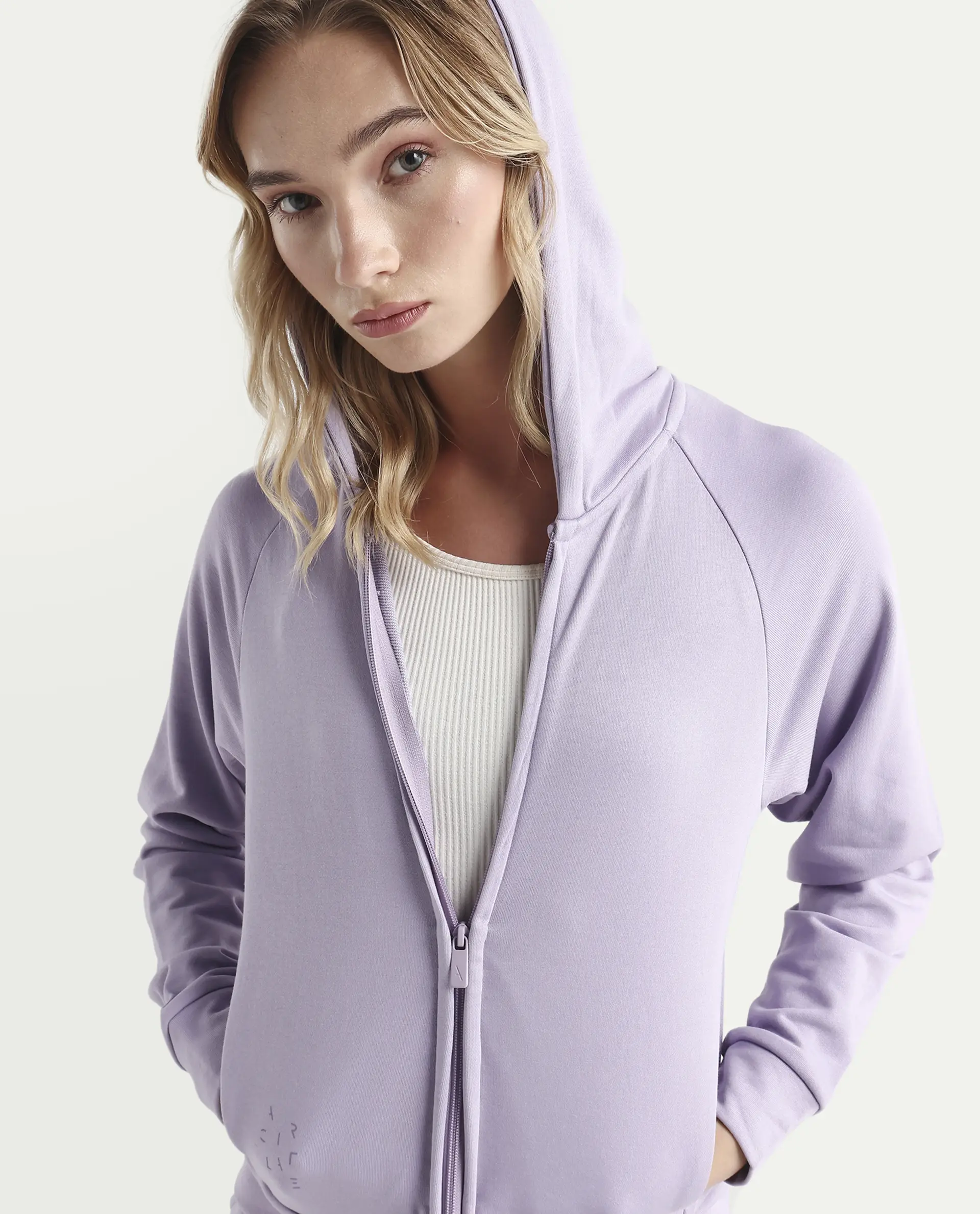 Rareism Women's Medium Weight Terry 290 Gsm Cotton Blend Hooded Plain Regular Fit Jacket