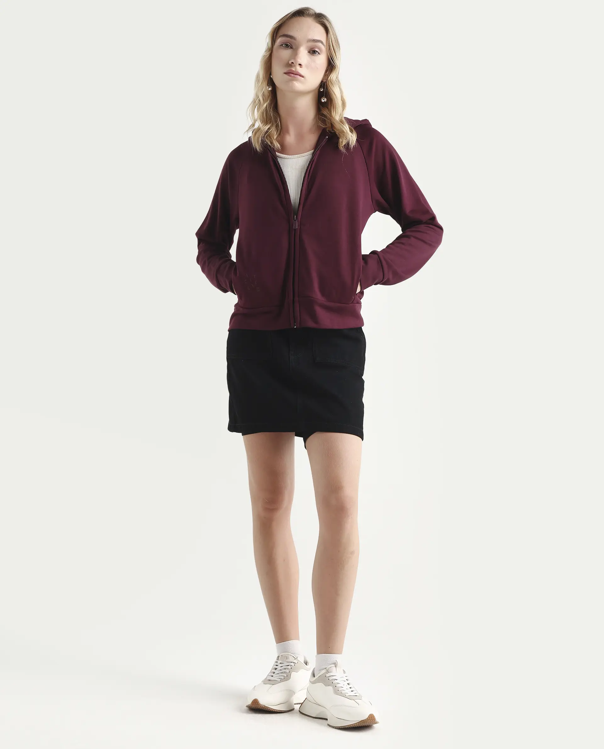 Rareism Women's Medium Weight Terry 290 Gsm Cotton Blend Hooded Plain Regular Fit Jacket - Image 2