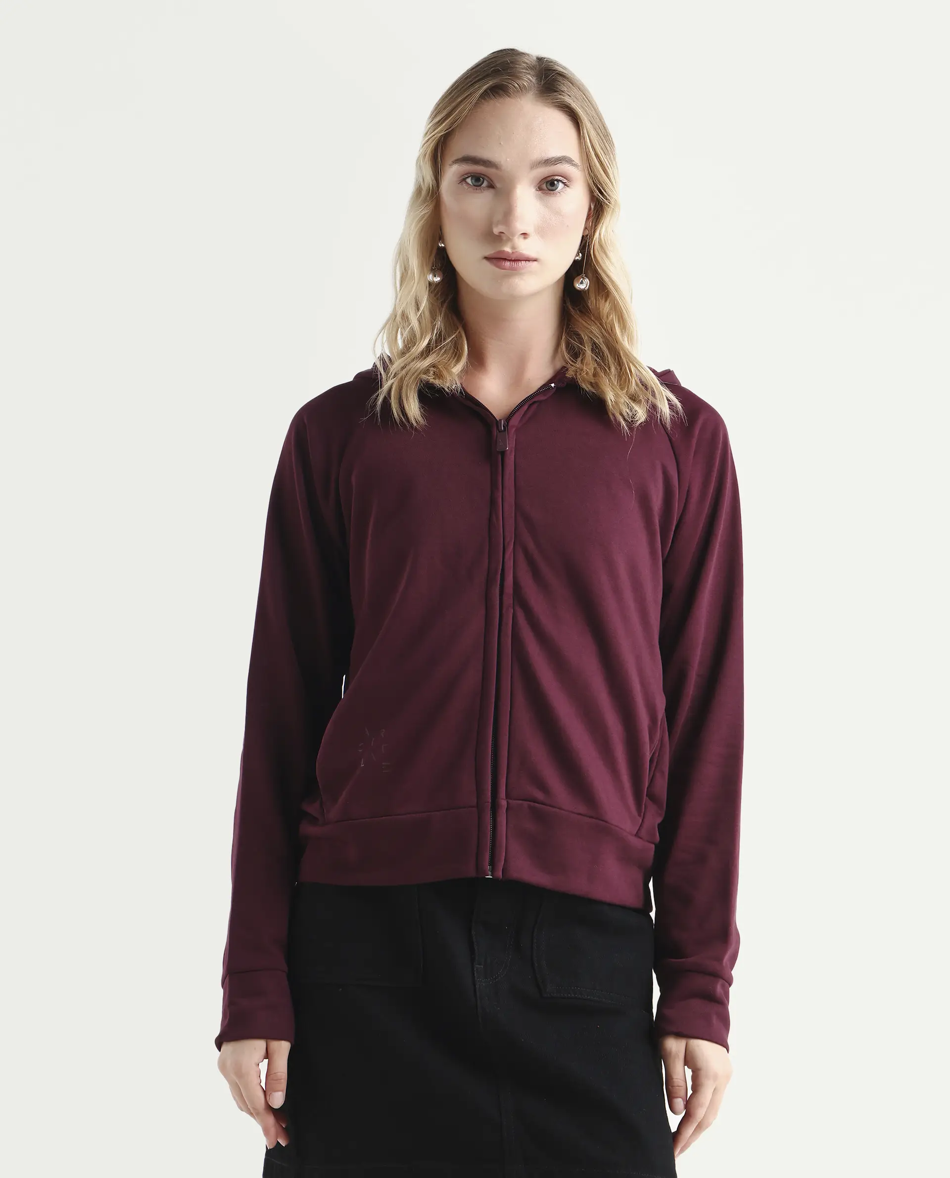 Rareism Women's Medium Weight Terry 290 Gsm Cotton Blend Hooded Plain Regular Fit Jacket - Image 3
