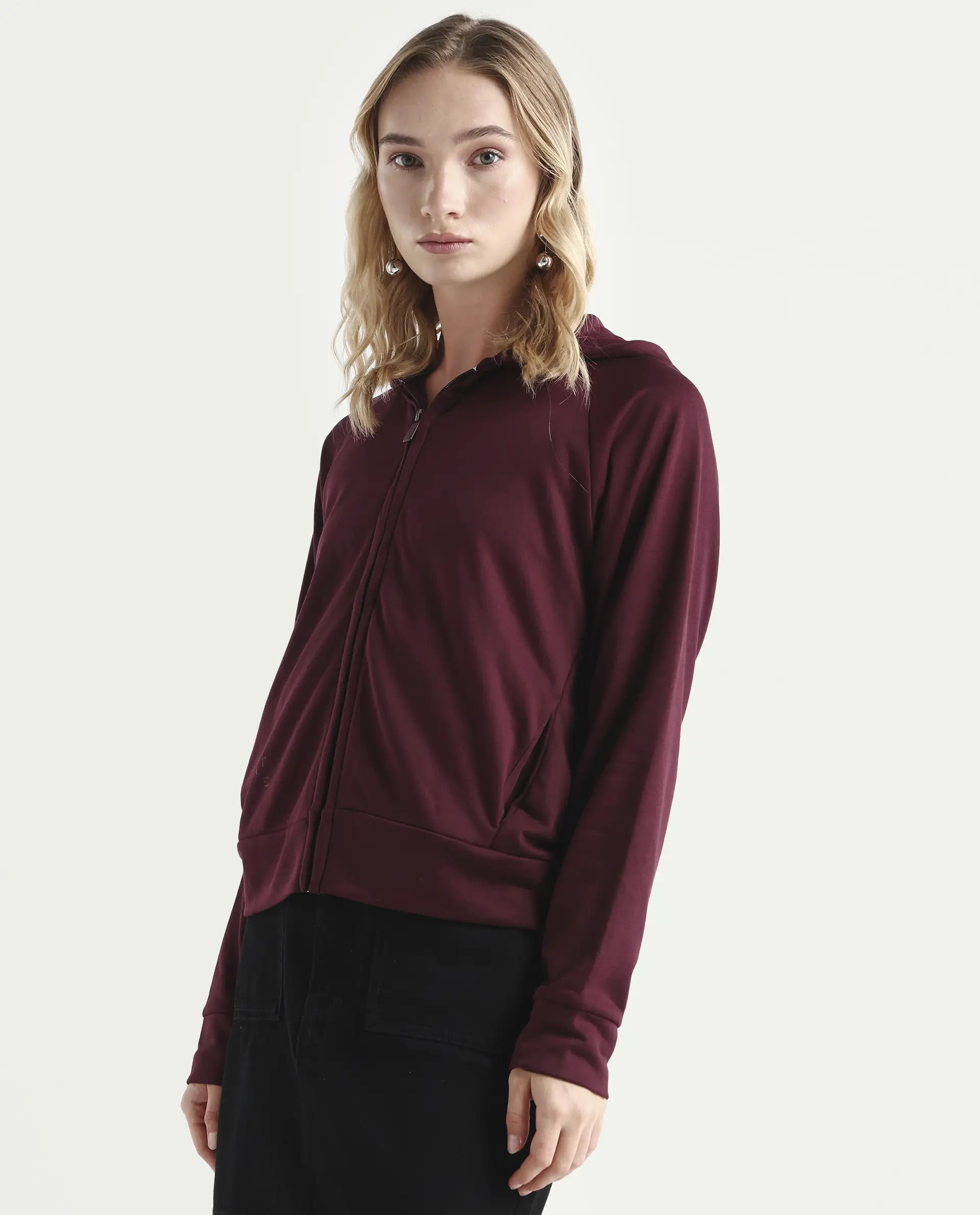 Rareism Women's Medium Weight Terry 290 Gsm Cotton Blend Hooded Plain Regular Fit Jacket - Image 5