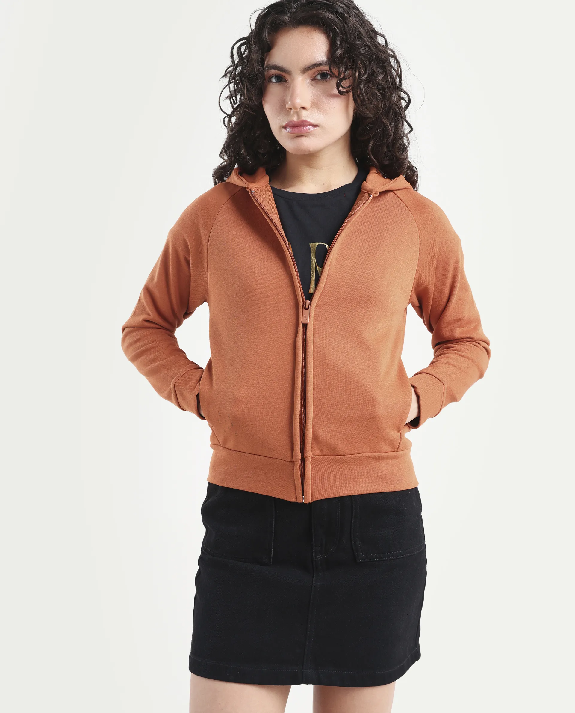 Rareism Women's Medium Weight Terry 290 Gsm Cotton Blend Hooded Plain Regular Fit Jacket - Image 4