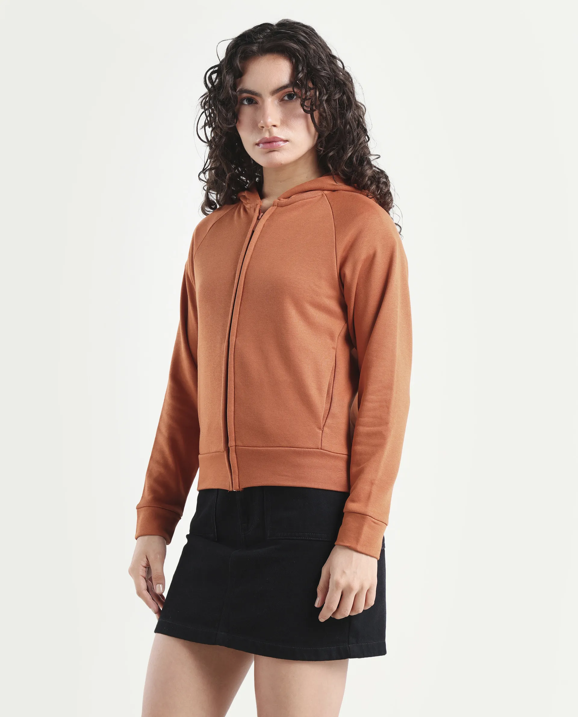 Rareism Women's Medium Weight Terry 290 Gsm Cotton Blend Hooded Plain Regular Fit Jacket - Image 5
