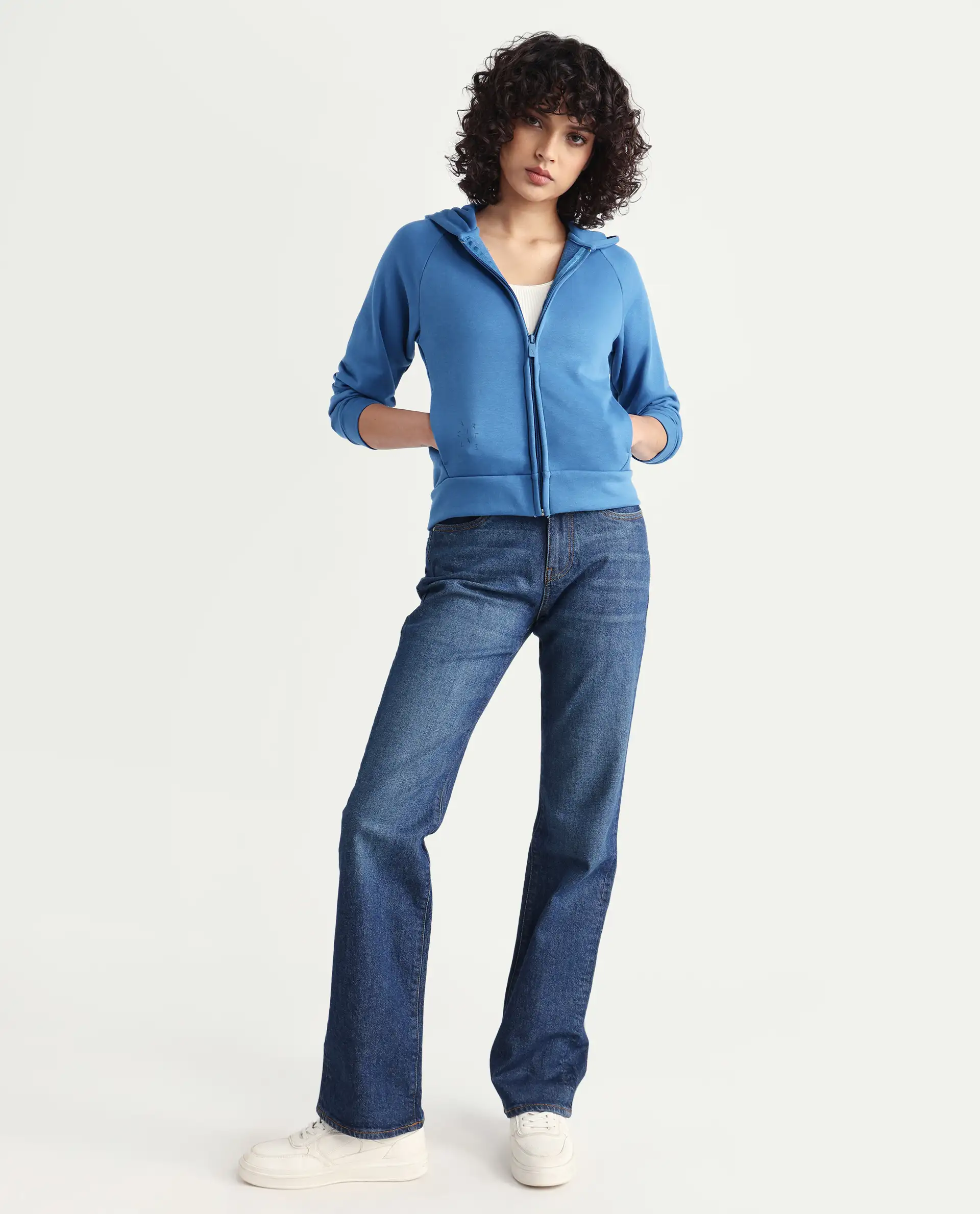 Rareism Women's Medium Weight Terry 290 Gsm Cotton Blend Hooded Plain Regular Fit Jacket - Image 2