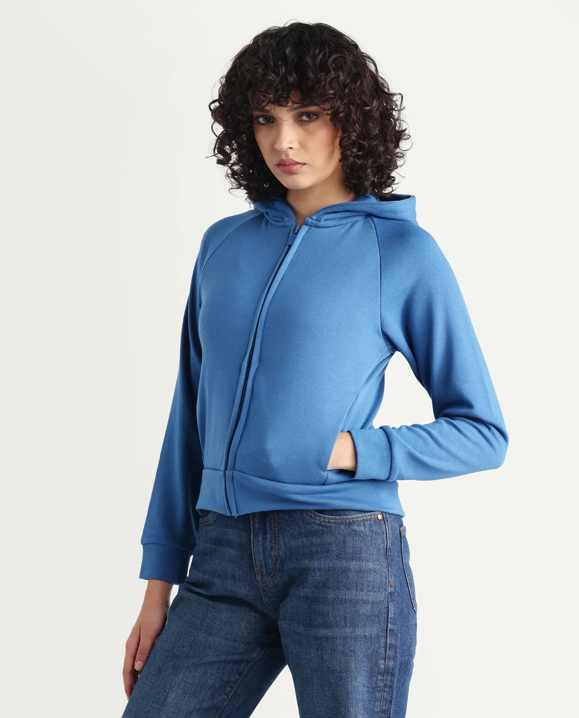 Rareism Women's Medium Weight Terry 290 Gsm Cotton Blend Hooded Plain Regular Fit Jacket - Image 3