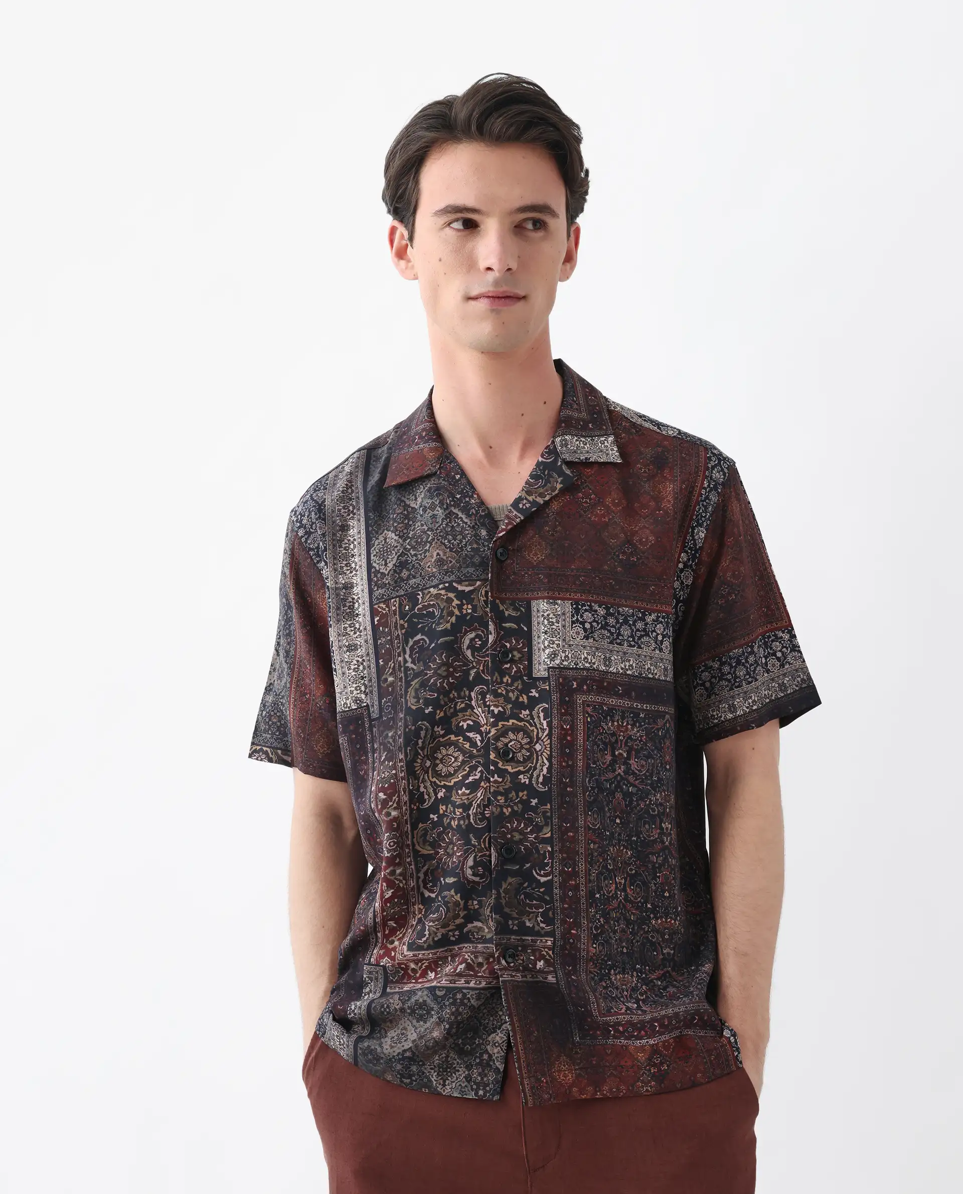 Rare Rabbit Men's Capra Dark Brown Viscose Art Deco Print Relaxed Fit Half Sleeve Cuban Collar Shirt - Image 3