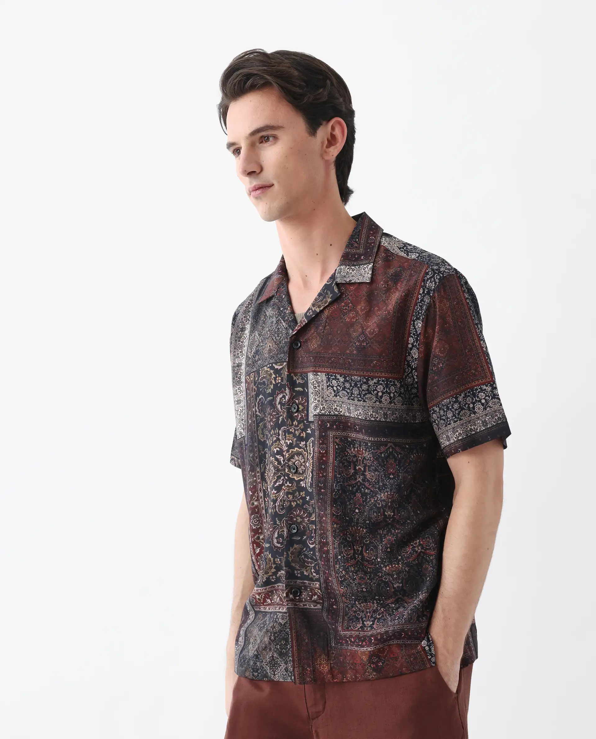 Rare Rabbit Men's Capra Dark Brown Viscose Art Deco Print Relaxed Fit Half Sleeve Cuban Collar Shirt - Image 4
