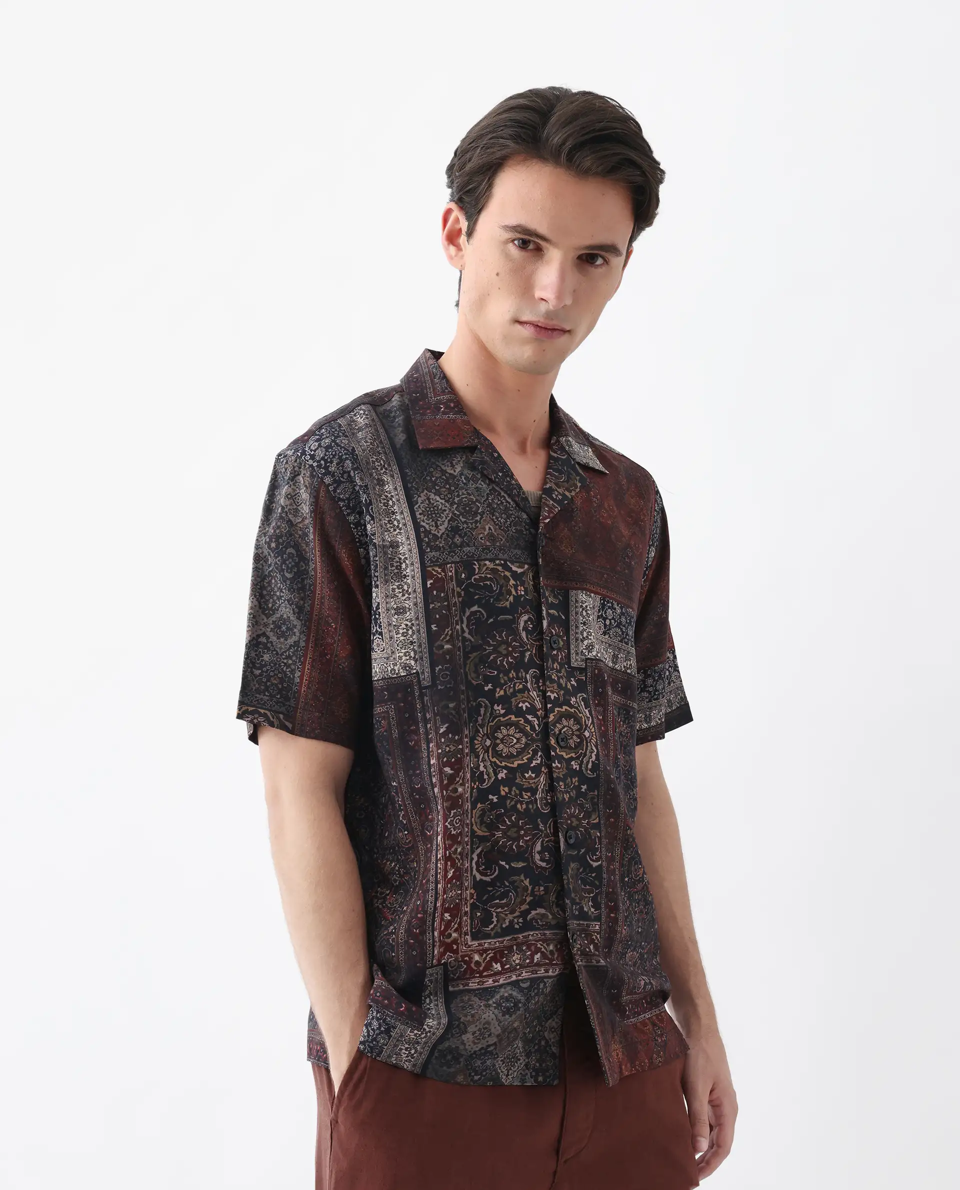 Rare Rabbit Men's Capra Dark Brown Viscose Art Deco Print Relaxed Fit Half Sleeve Cuban Collar Shirt - Image 5