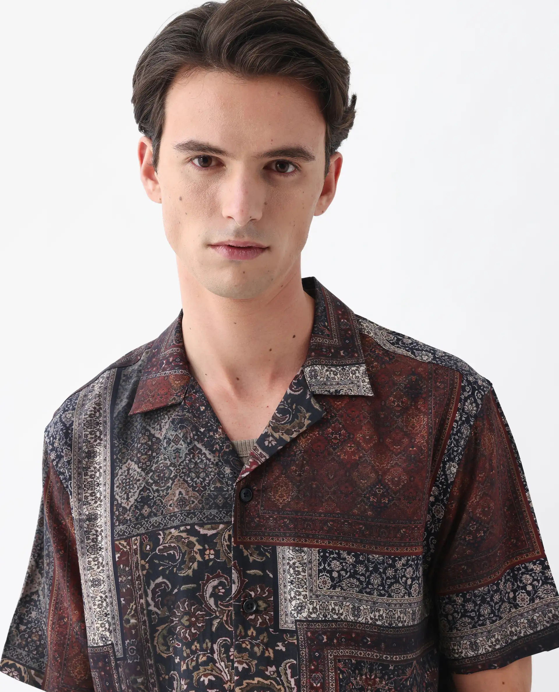 Rare Rabbit Men's Capra Dark Brown Viscose Art Deco Print Relaxed Fit Half Sleeve Cuban Collar Shirt - Image 6