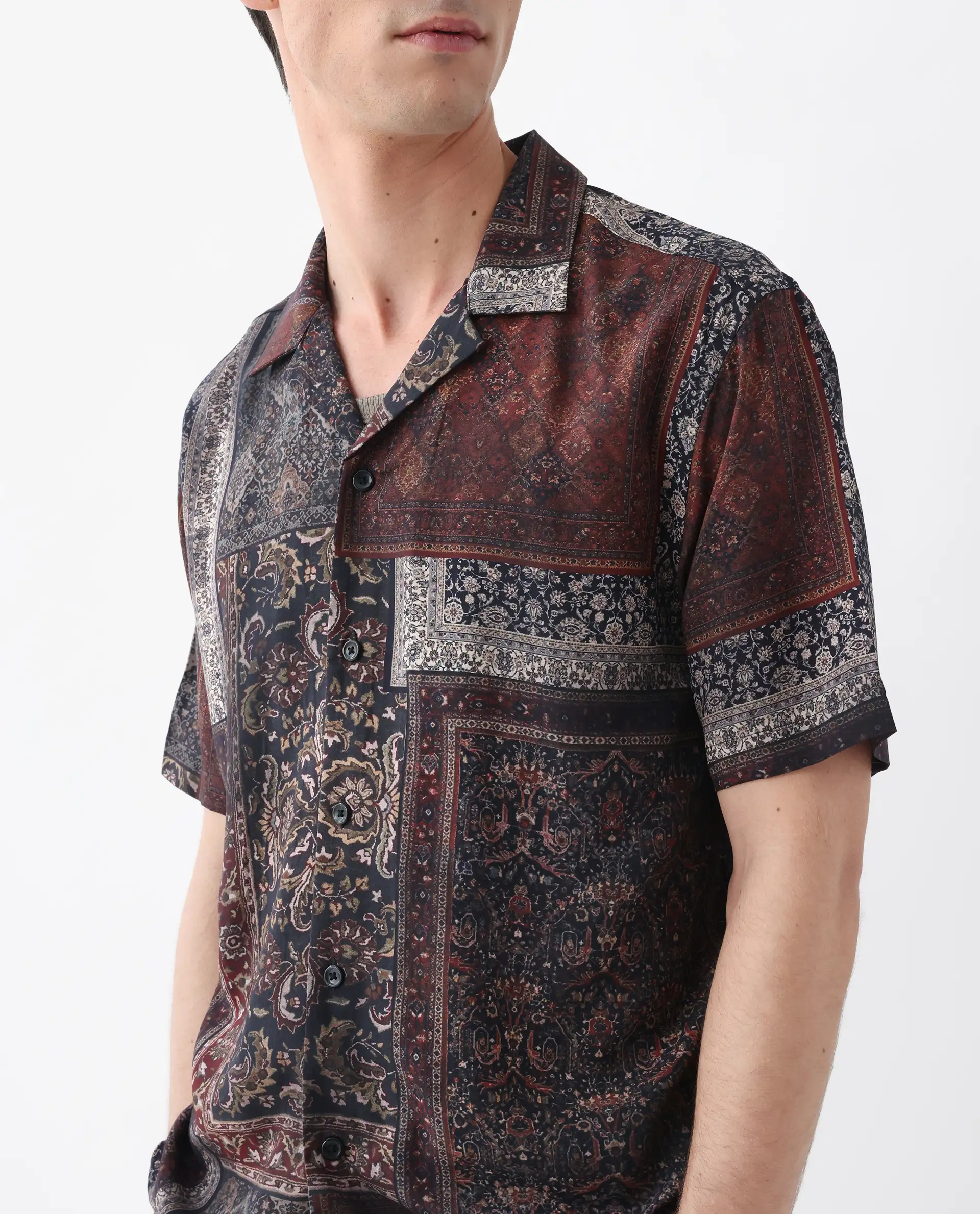 Rare Rabbit Men's Capra Dark Brown Viscose Art Deco Print Relaxed Fit Half Sleeve Cuban Collar Shirt - Image 7