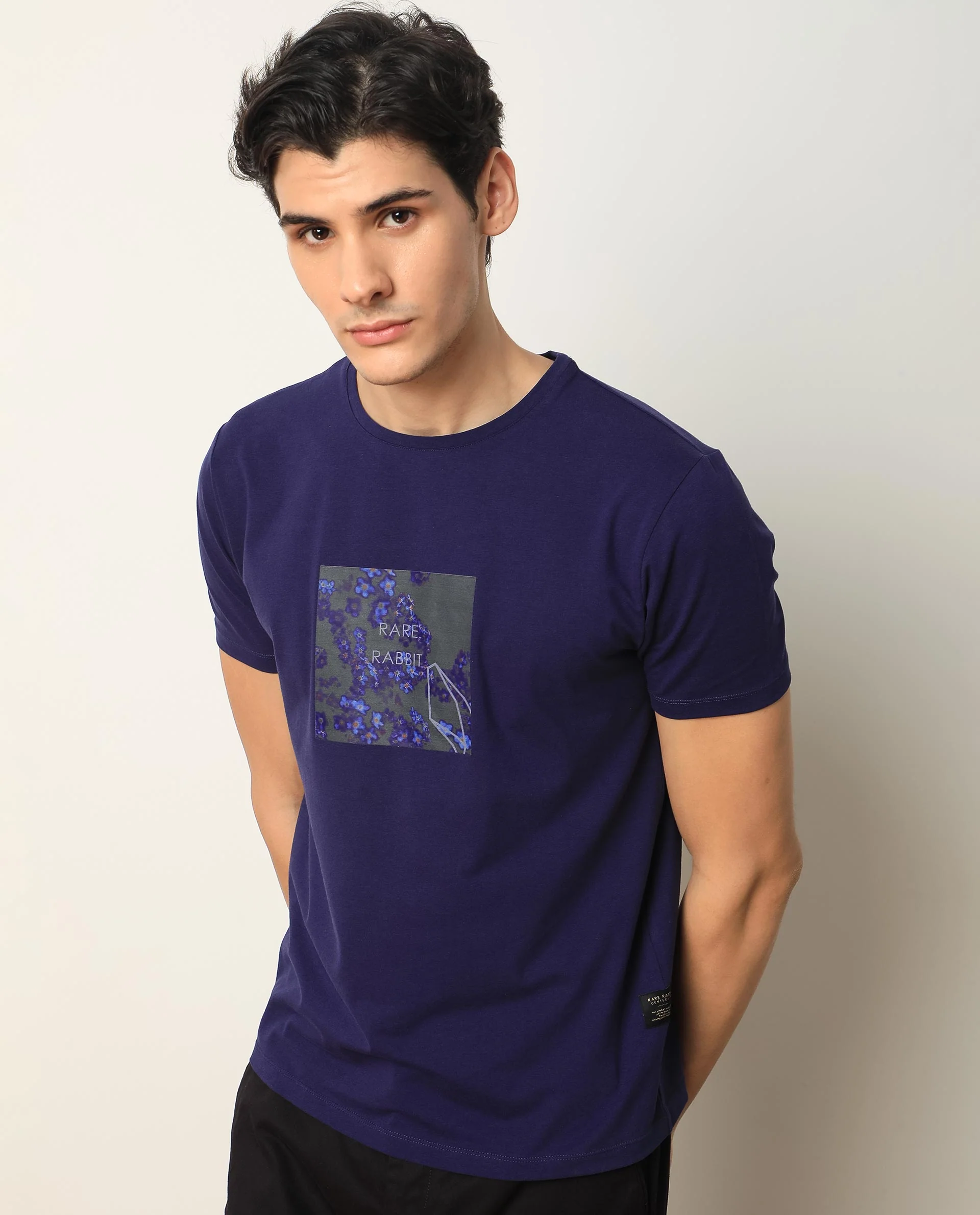 Rare Rabbit Men's Capri Purple Cotton Graphic Print Slim Fit Half Sleeve Crew Neck T-Shirt - Image 2