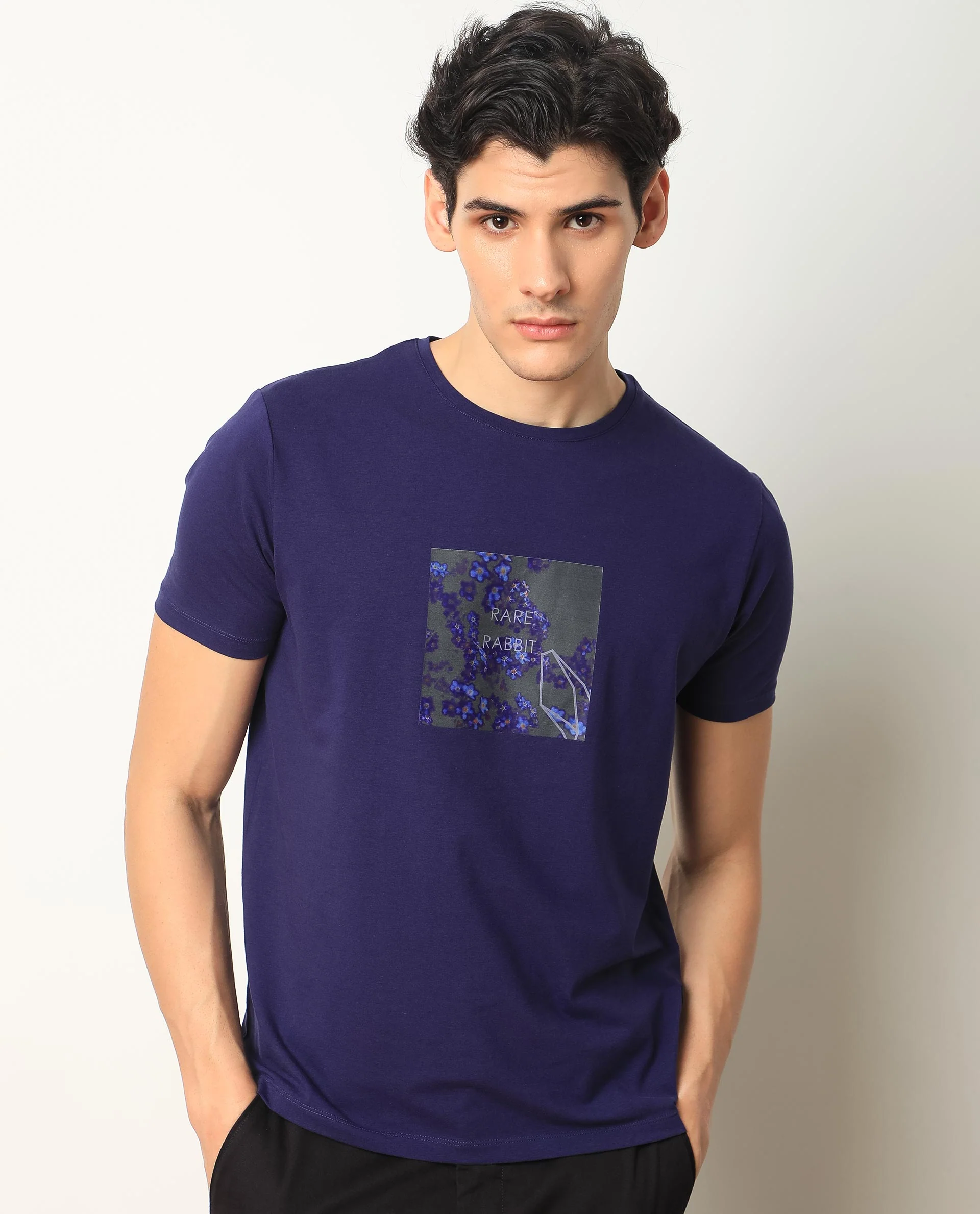 Rare Rabbit Men's Capri Purple Cotton Graphic Print Slim Fit Half Sleeve Crew Neck T-Shirt - Image 3