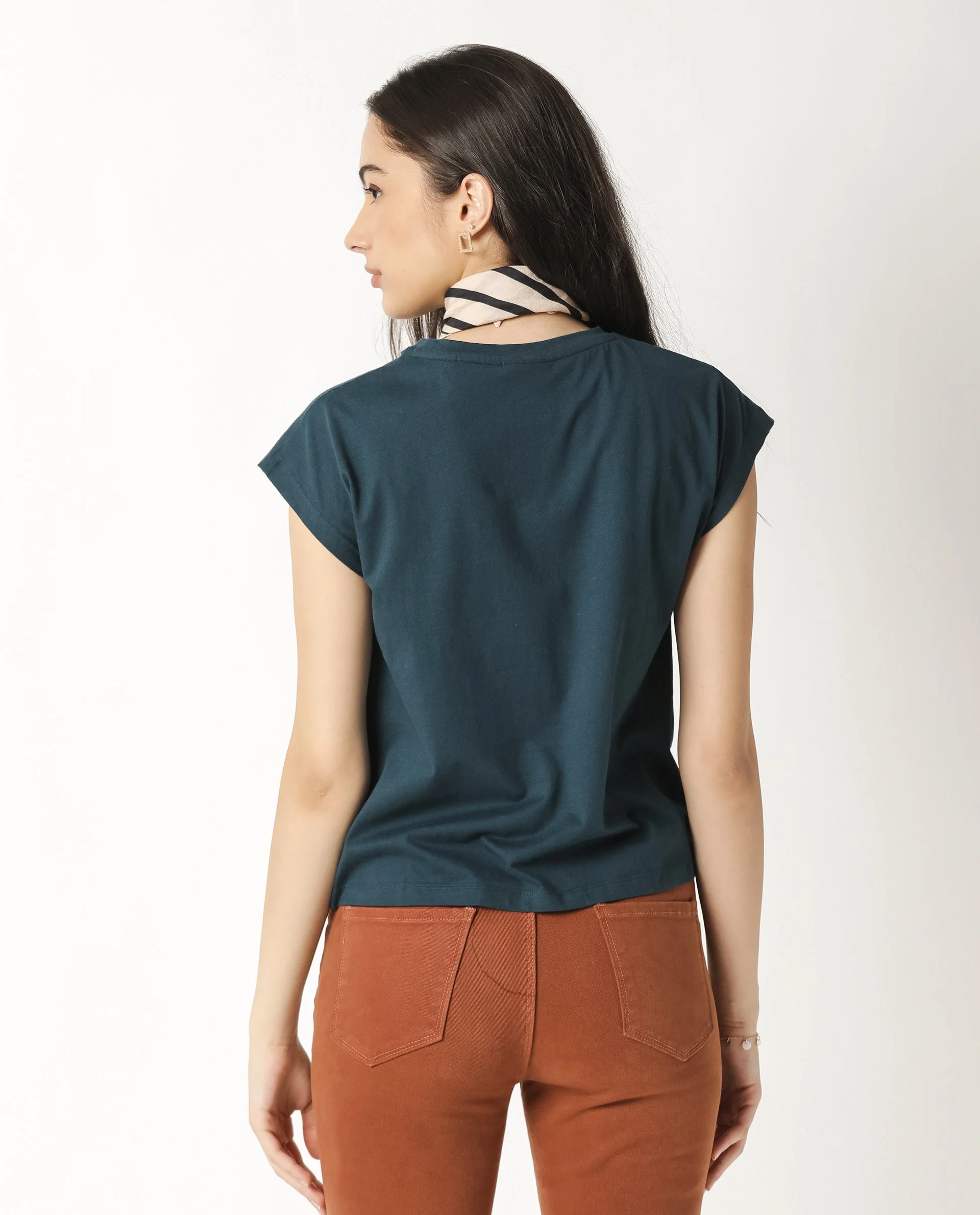 Rareism Womens Caprico Petrol T-Shirt Cotton Fabric Regular Fit Half Sleeve Round Neck - Image 5