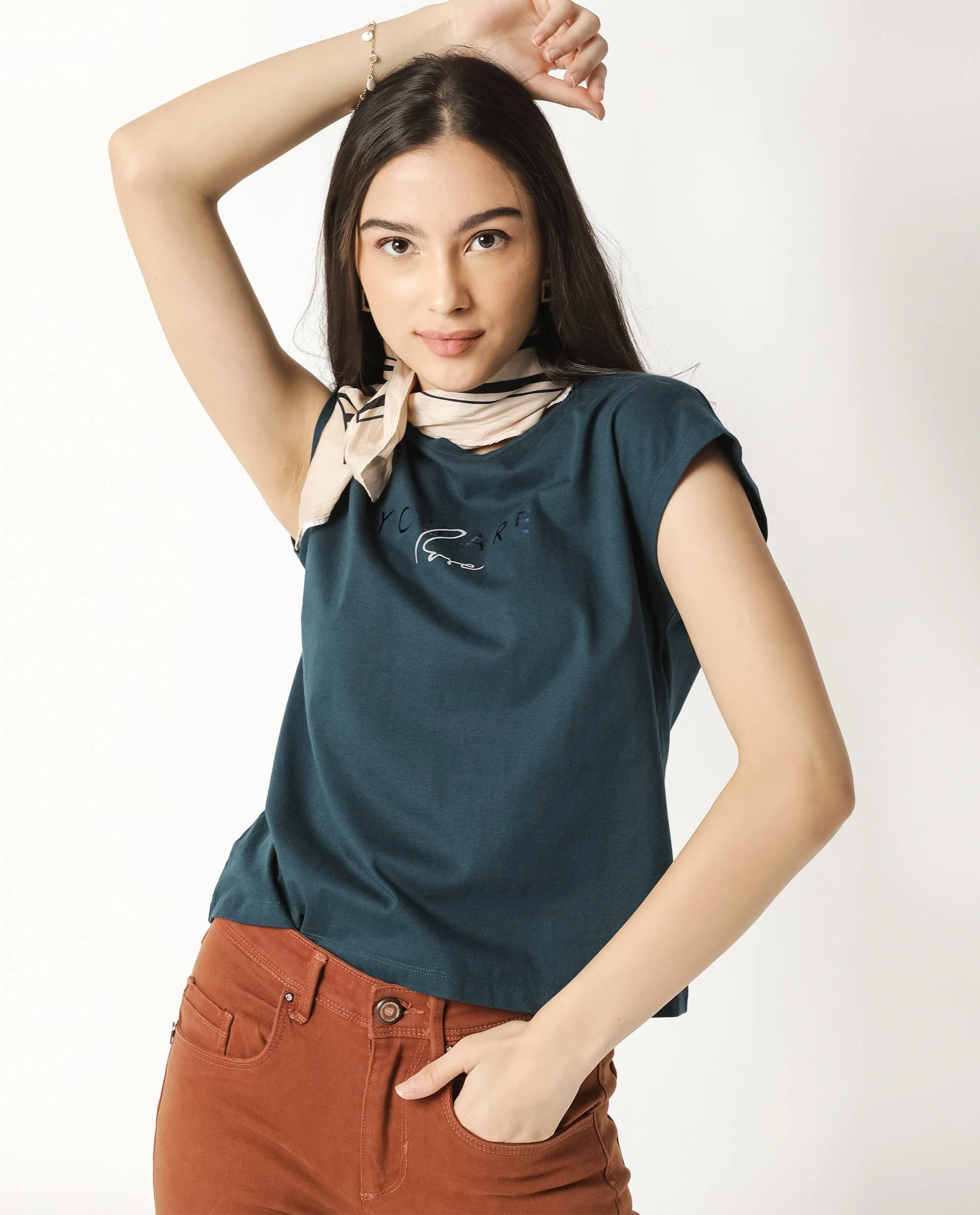 Rareism Womens Caprico Petrol T-Shirt Cotton Fabric Regular Fit Half Sleeve Round Neck - Image 6