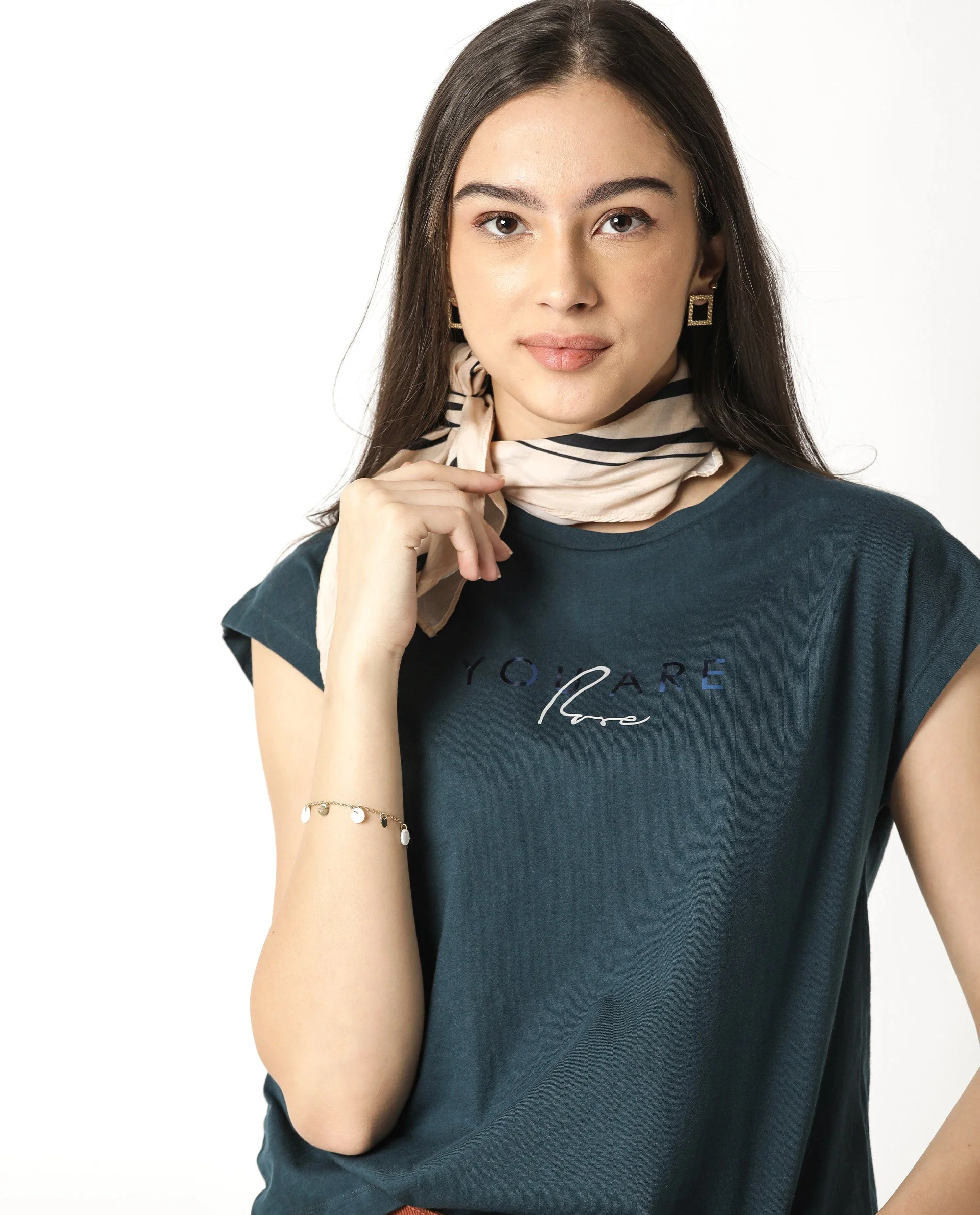 Rareism Womens Caprico Petrol T-Shirt Cotton Fabric Regular Fit Half Sleeve Round Neck - Image 7