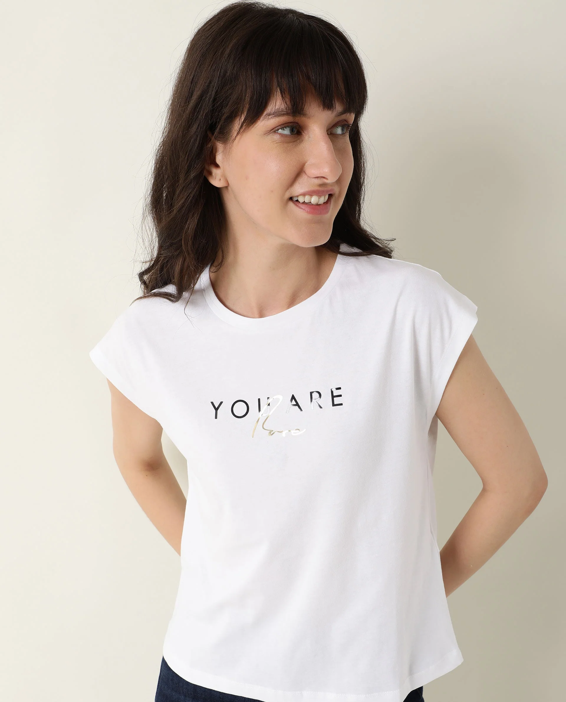 Rareism Womens Caprico White T-Shirt Cotton Fabric Regular Fit Half Sleeve Round Neck