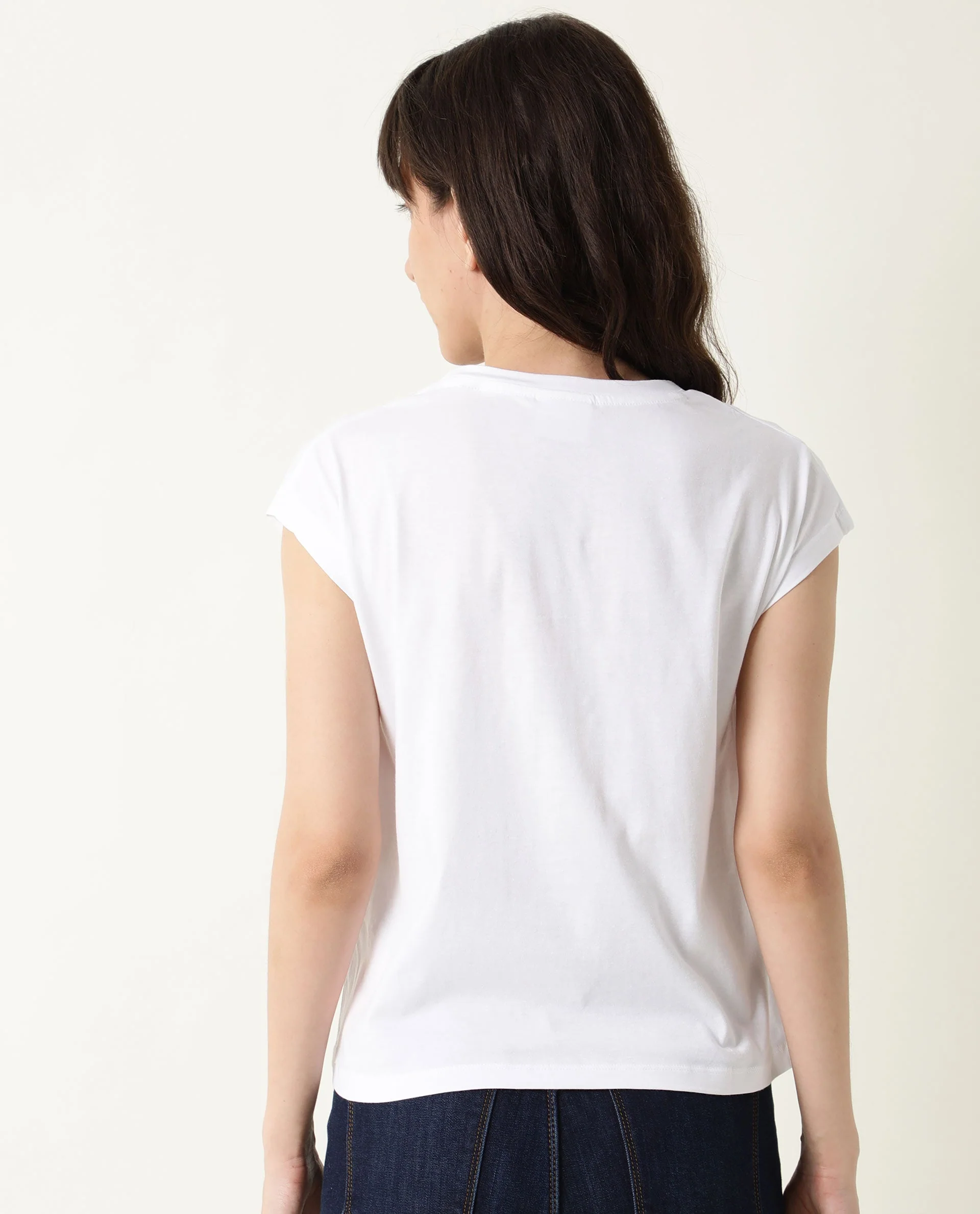 Rareism Womens Caprico White T-Shirt Cotton Fabric Regular Fit Half Sleeve Round Neck - Image 4