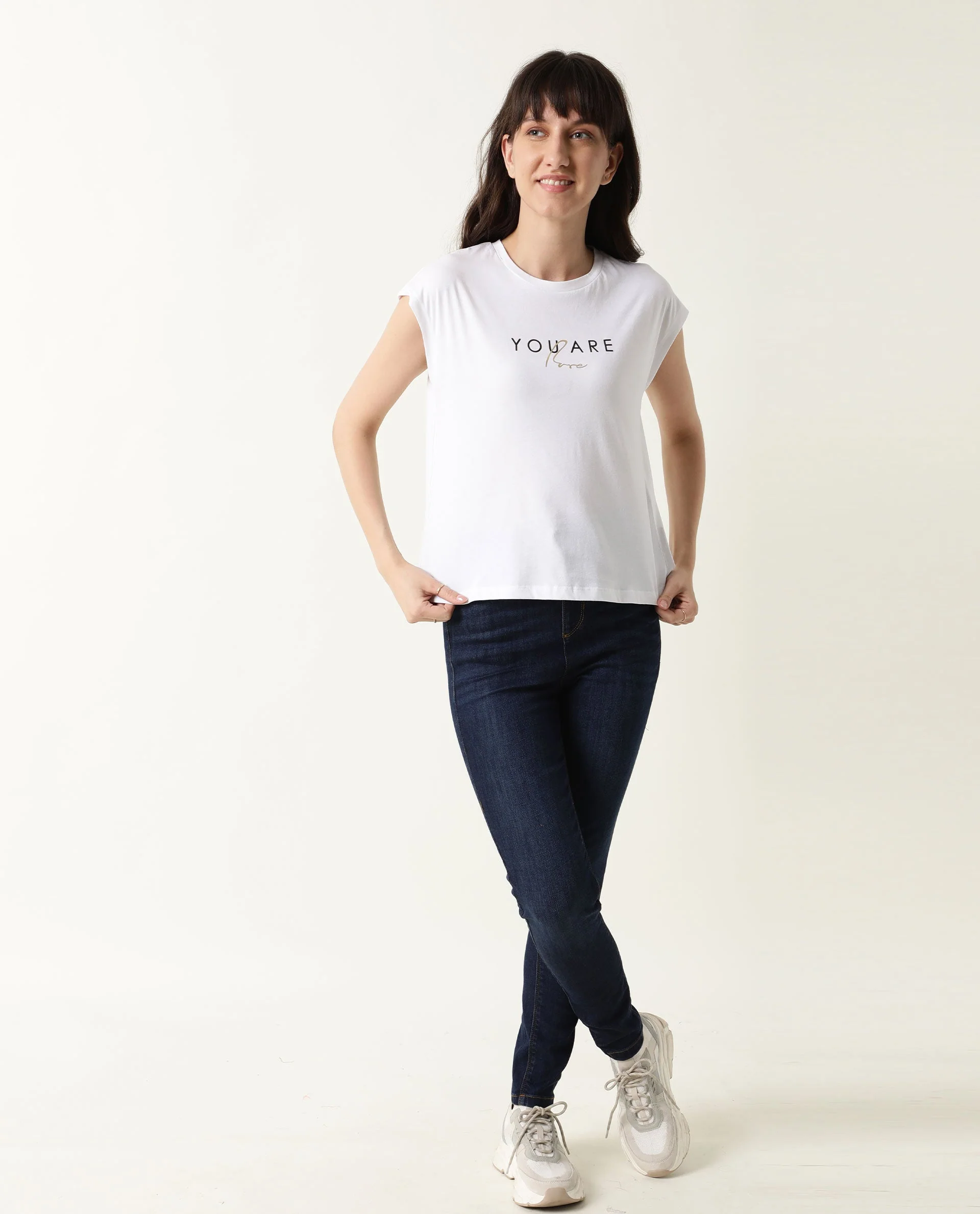 Rareism Womens Caprico White T-Shirt Cotton Fabric Regular Fit Half Sleeve Round Neck - Image 5