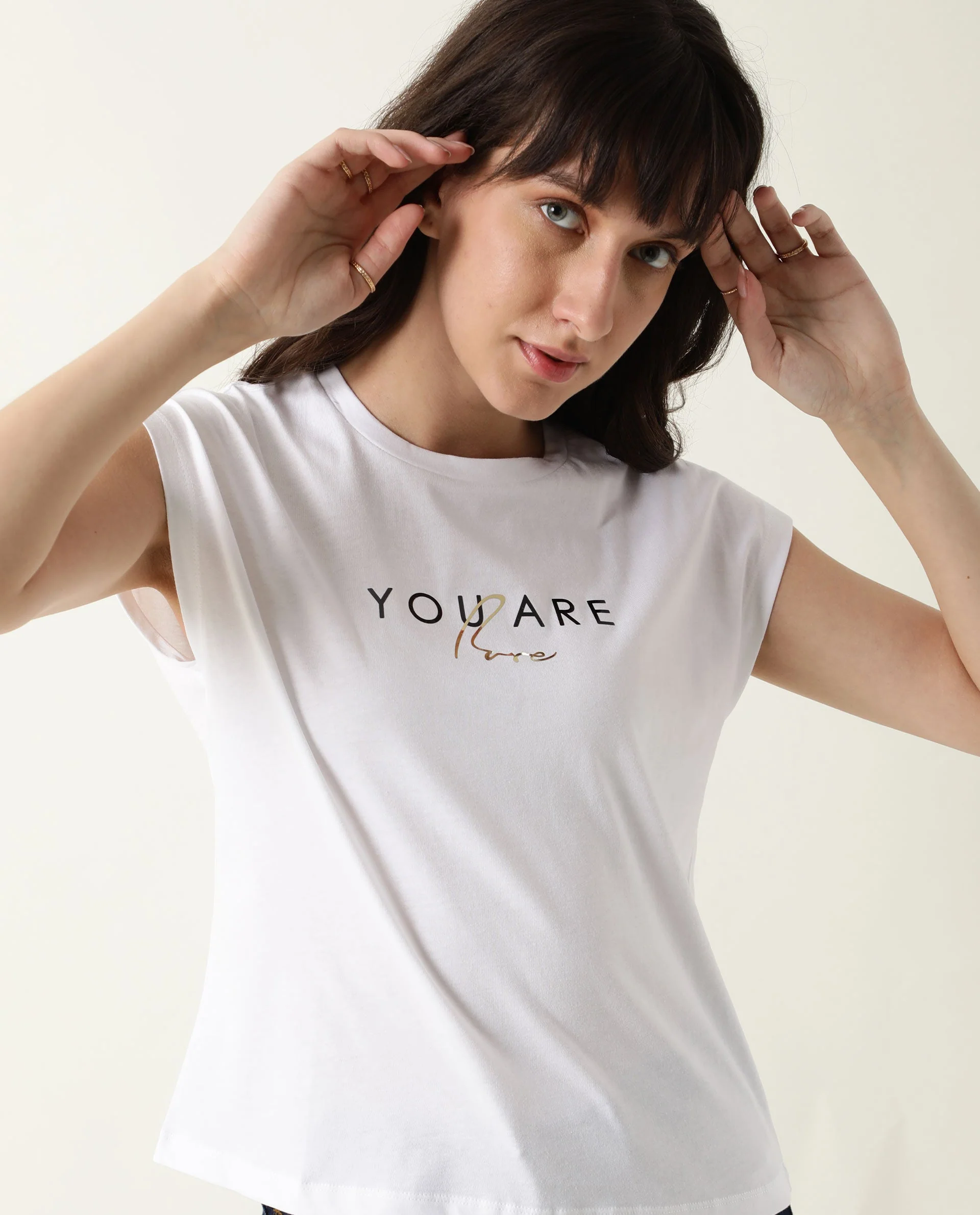 Rareism Womens Caprico White T-Shirt Cotton Fabric Regular Fit Half Sleeve Round Neck - Image 9