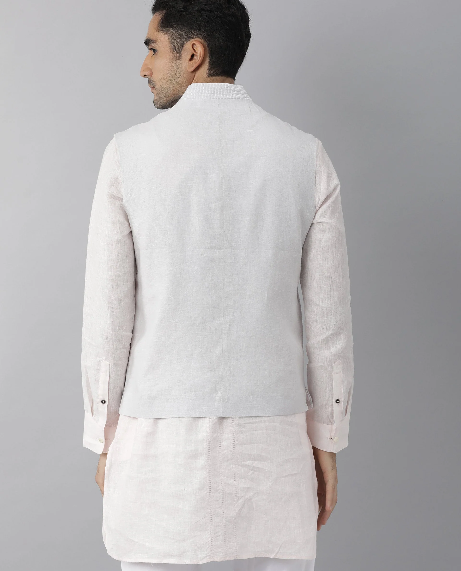 Rare Rabbit Men's Caps Grey Linen Plain Tailored Fit Sleeveless Mandarin Collar Bandhgala - Image 2