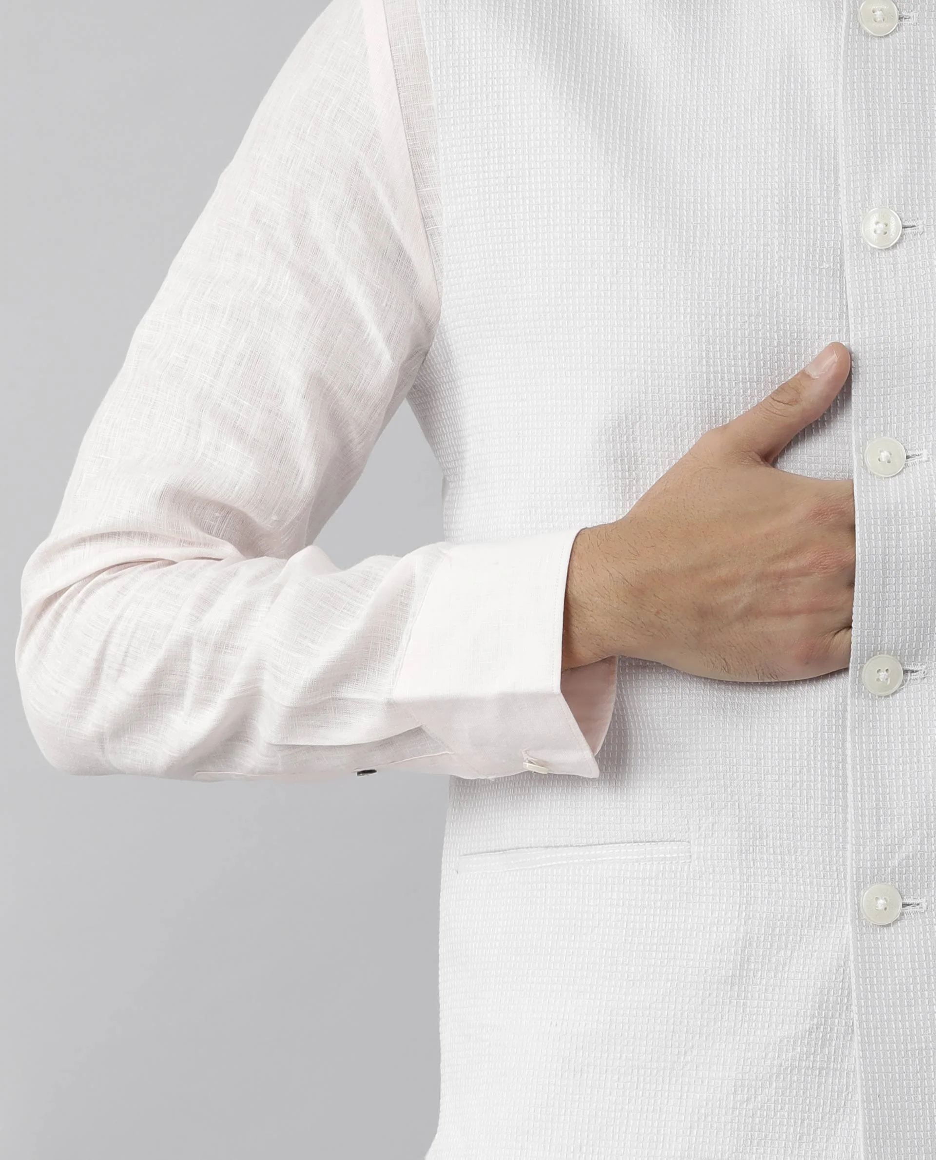 Rare Rabbit Men's Caps Grey Linen Plain Tailored Fit Sleeveless Mandarin Collar Bandhgala - Image 4