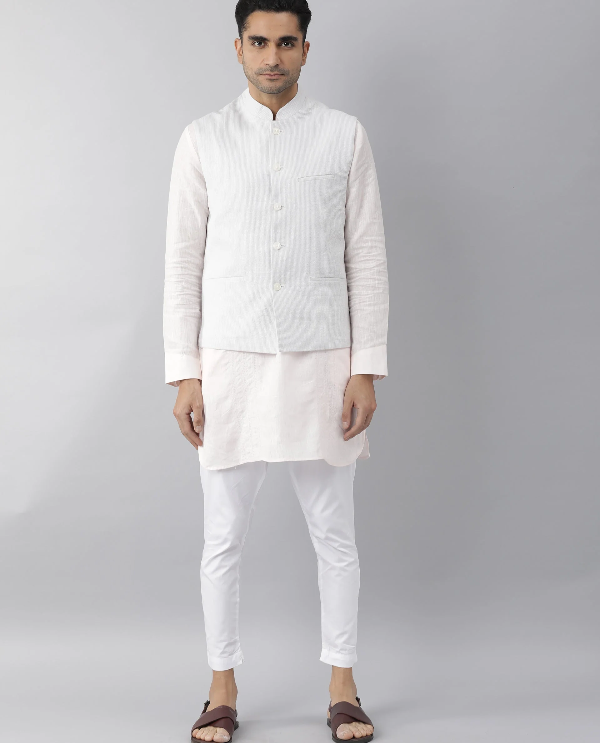 Rare Rabbit Men's Caps Grey Linen Plain Tailored Fit Sleeveless Mandarin Collar Bandhgala - Image 5