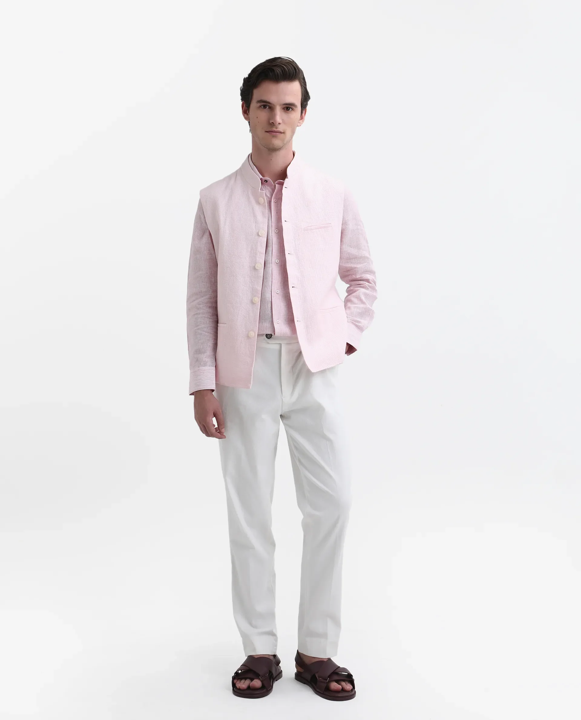 Rare Rabbit Men's Caps Pink Linen Plain Tailored Fit Sleeveless Mandarin Collar Bandhgala - Image 2
