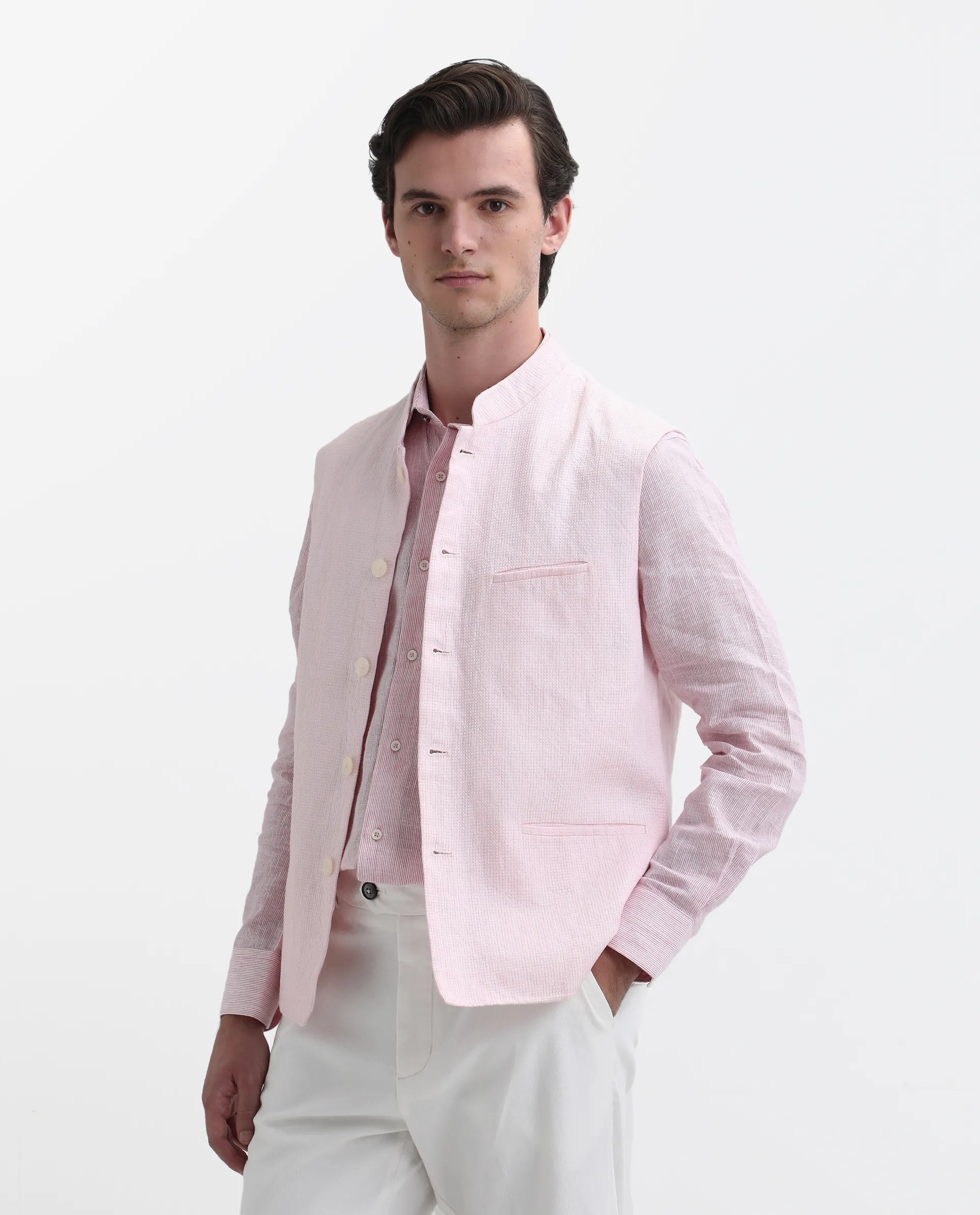 Rare Rabbit Men's Caps Pink Linen Plain Tailored Fit Sleeveless Mandarin Collar Bandhgala - Image 3