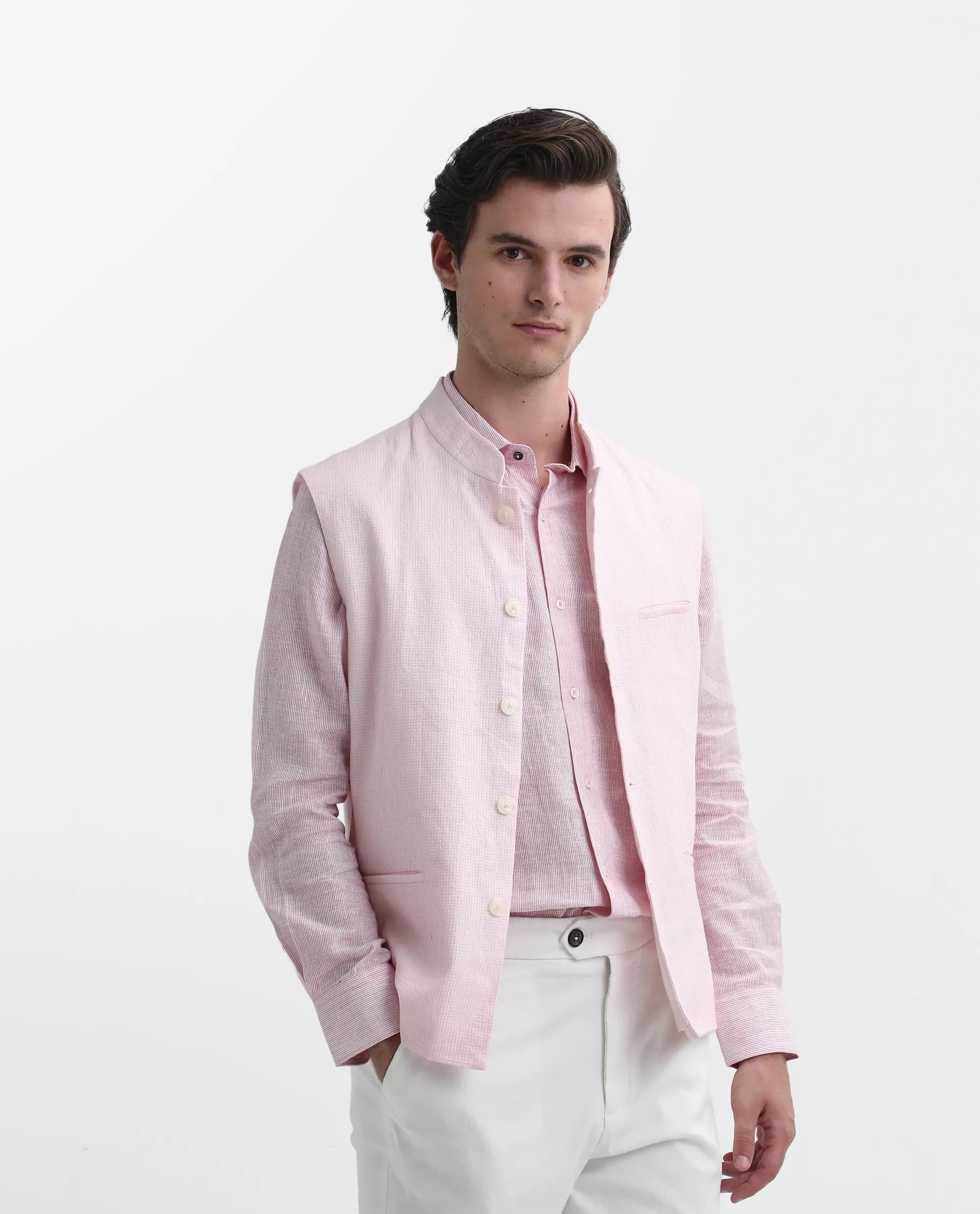 Rare Rabbit Men's Caps Pink Linen Plain Tailored Fit Sleeveless Mandarin Collar Bandhgala - Image 4