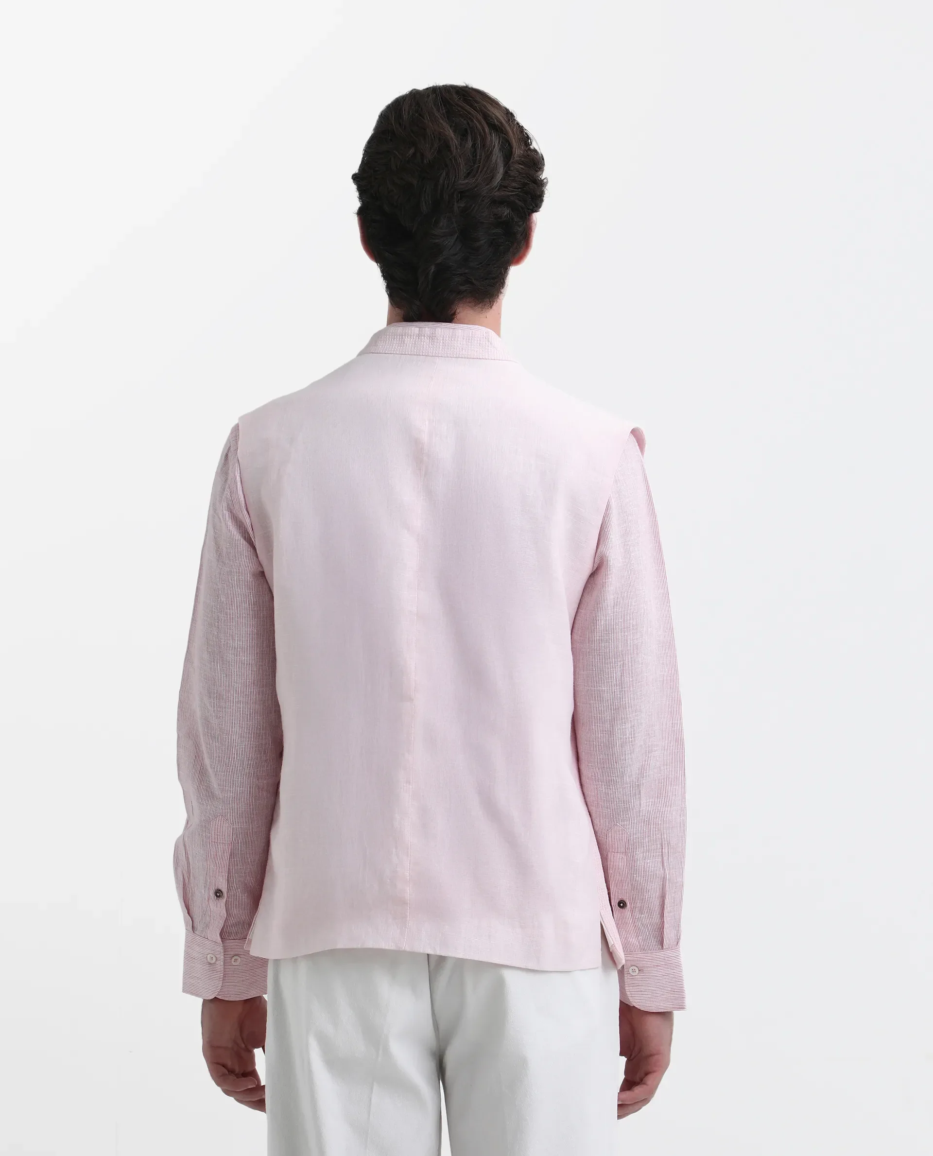 Rare Rabbit Men's Caps Pink Linen Plain Tailored Fit Sleeveless Mandarin Collar Bandhgala - Image 5