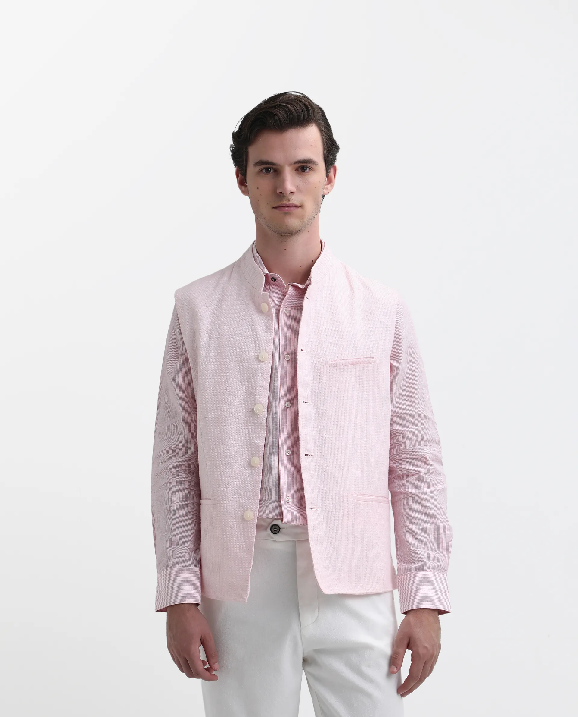 Rare Rabbit Men's Caps Pink Linen Plain Tailored Fit Sleeveless Mandarin Collar Bandhgala - Image 6