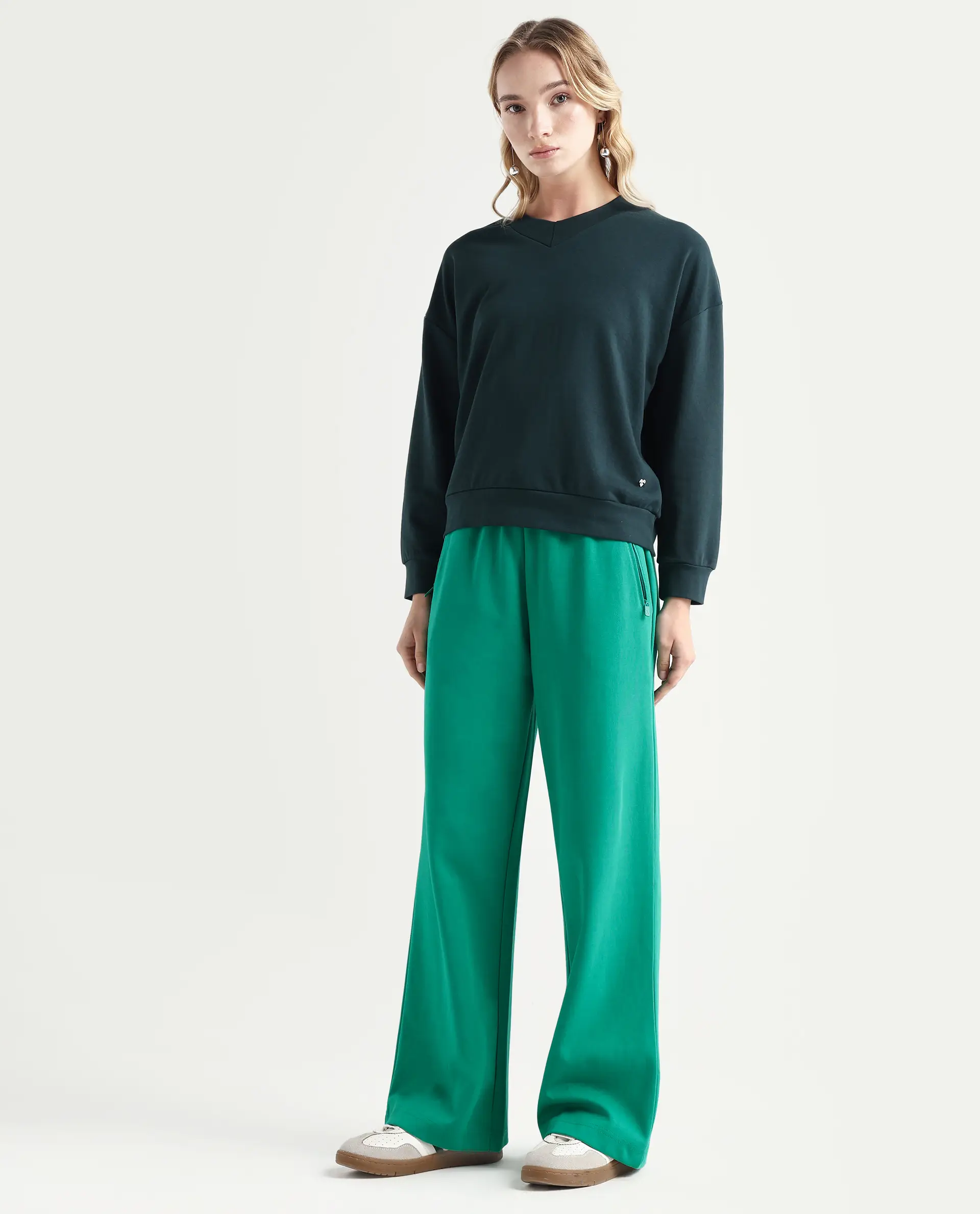 Rareism Women's Heavy Weight Interlock 340 Gsm Cotton Blend Plain Ankle Length Relaxed Fit Track Pant Flared - Image 5