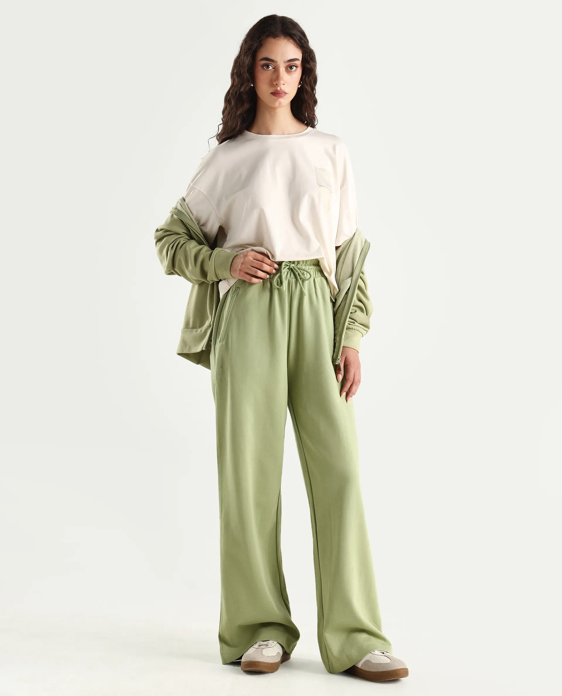 Rareism Women's Heavy Weight Interlock 340 Gsm Cotton Blend Plain Ankle Length Relaxed Fit Track Pant Flared