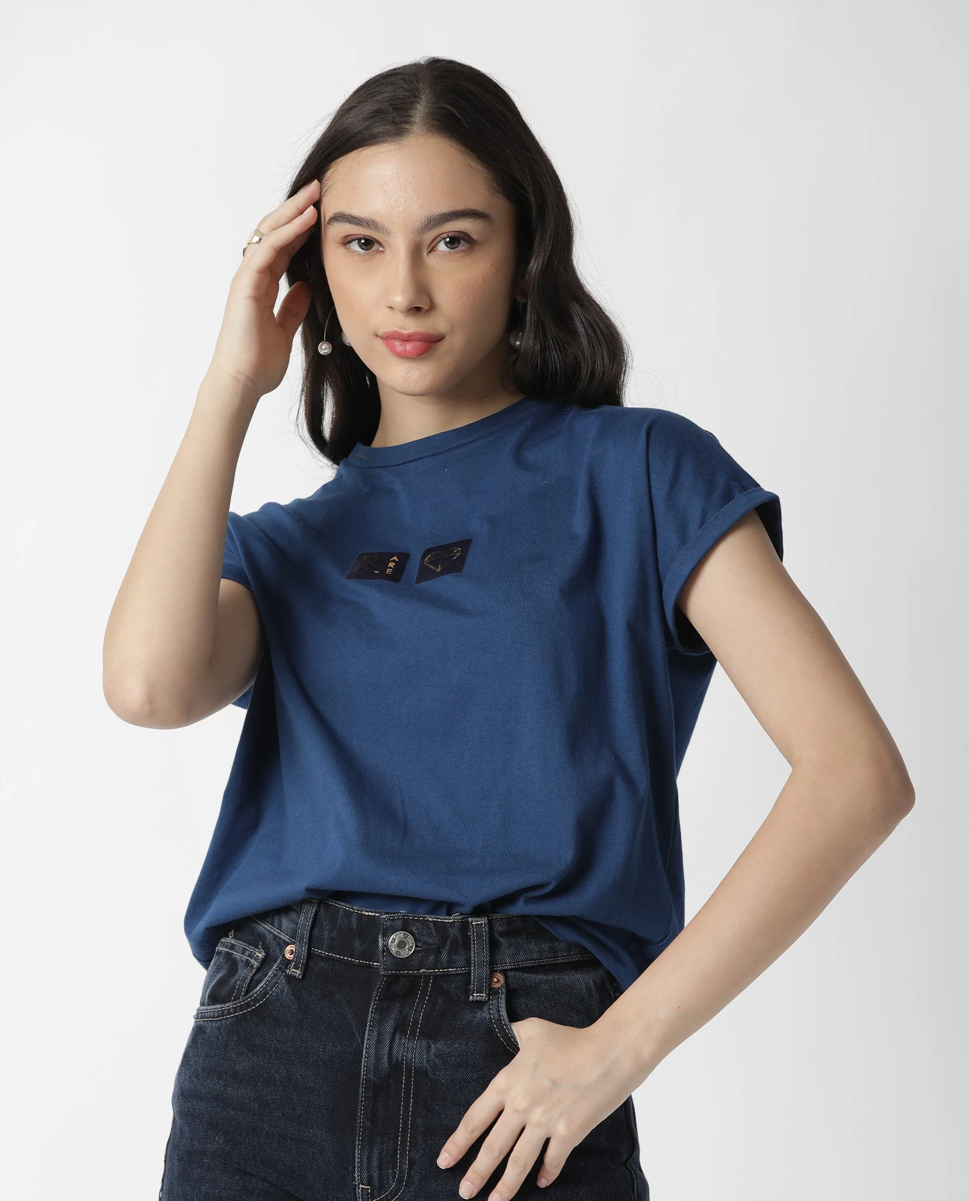 Rareism Womens Cardi Blue T-Shirt Cotton Fabric Regular Fit Half Sleeve Round Neck - Image 5