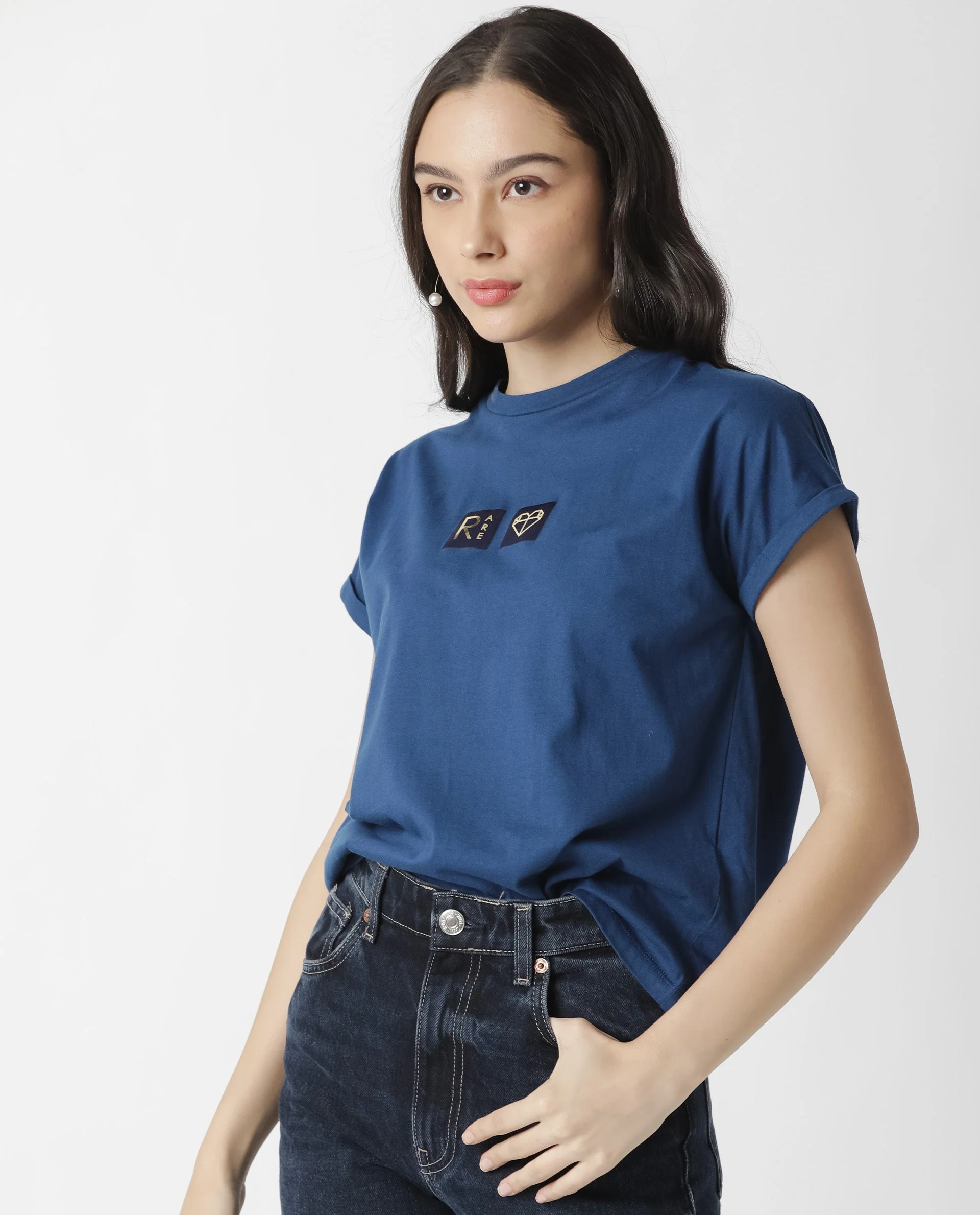 Rareism Womens Cardi Blue T-Shirt Cotton Fabric Regular Fit Half Sleeve Round Neck - Image 7