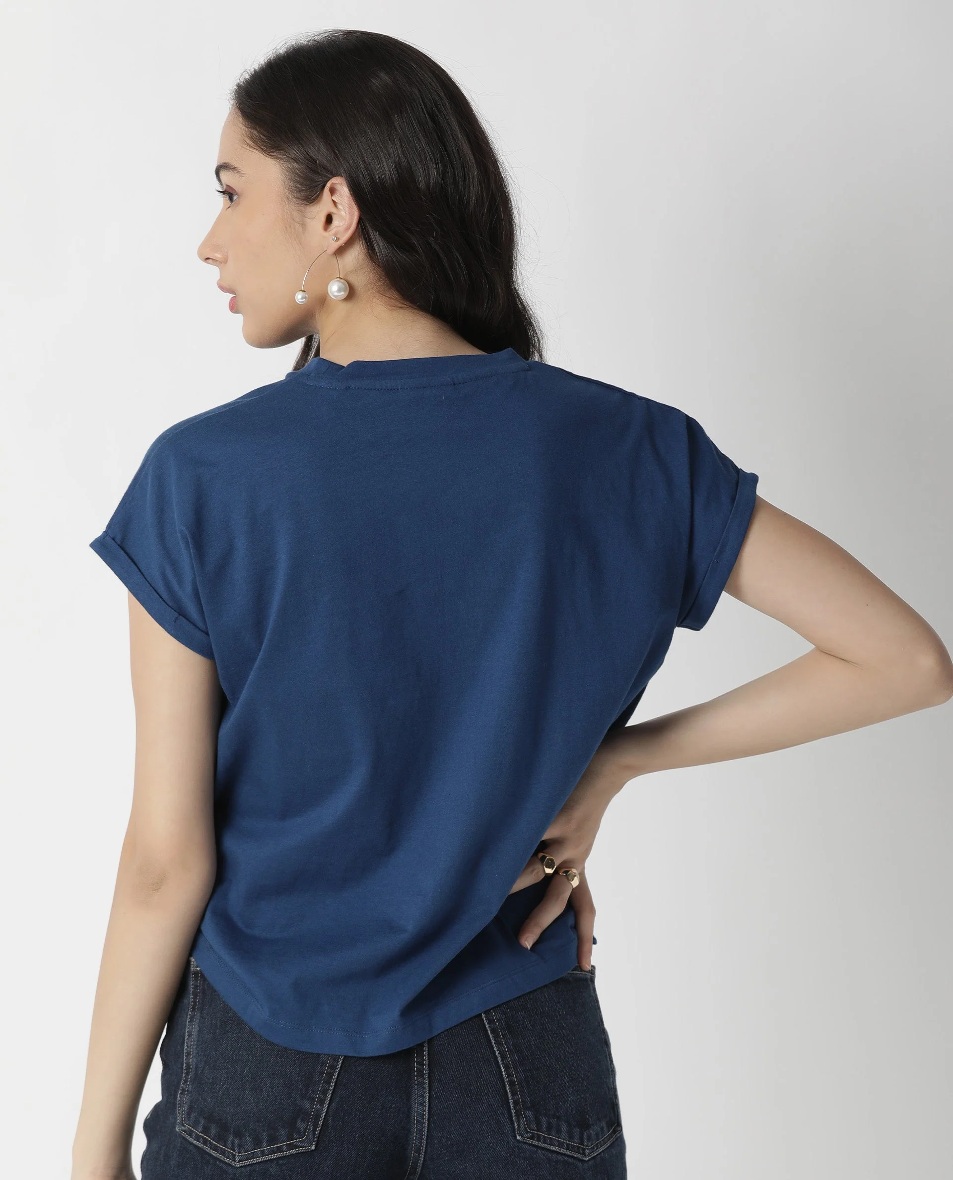 Rareism Womens Cardi Blue T-Shirt Cotton Fabric Regular Fit Half Sleeve Round Neck - Image 8