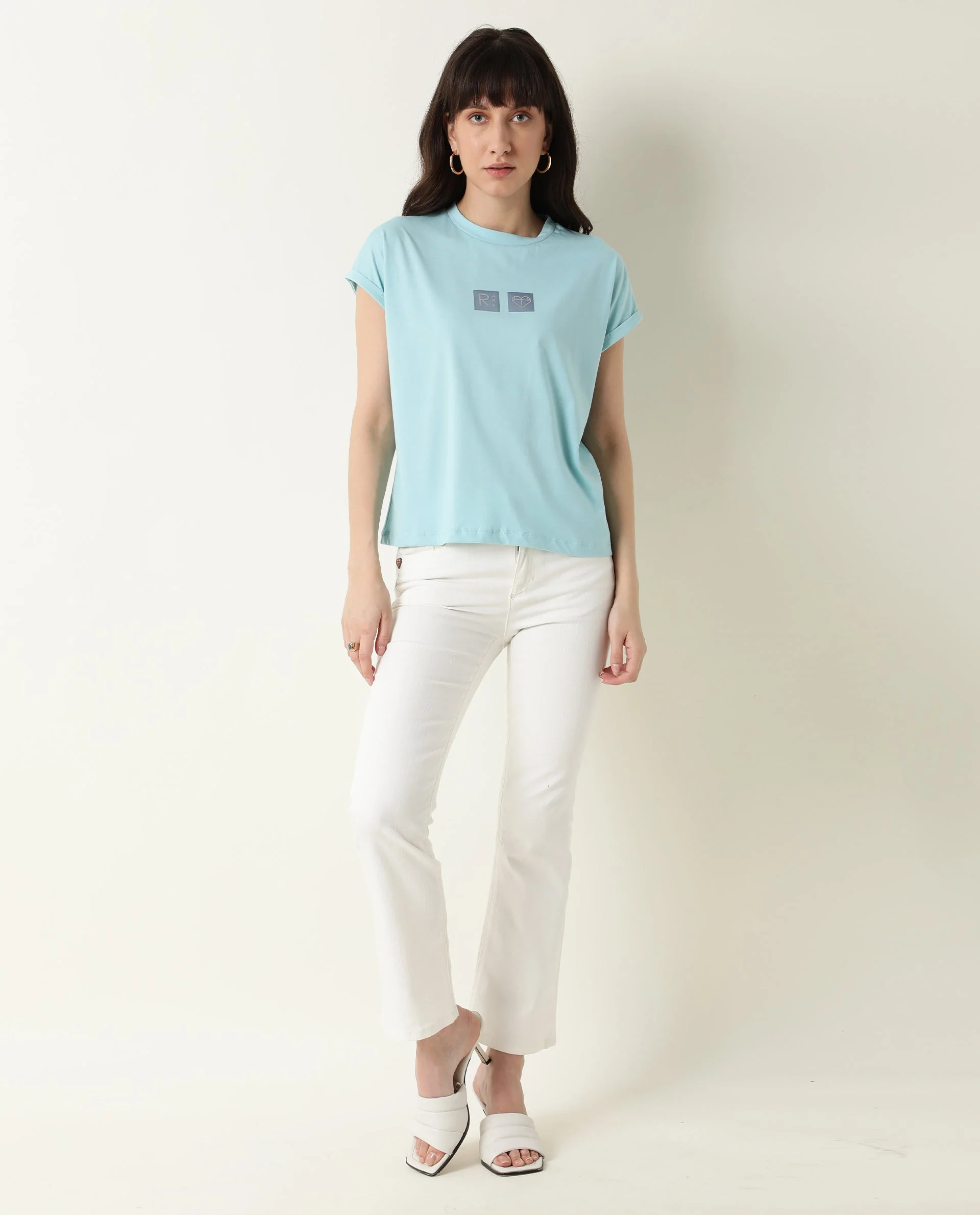 Rareism Women's Cardi Light Blue Cotton Crew Neck Graphic Print Regular Fit T-Shirt - Image 2