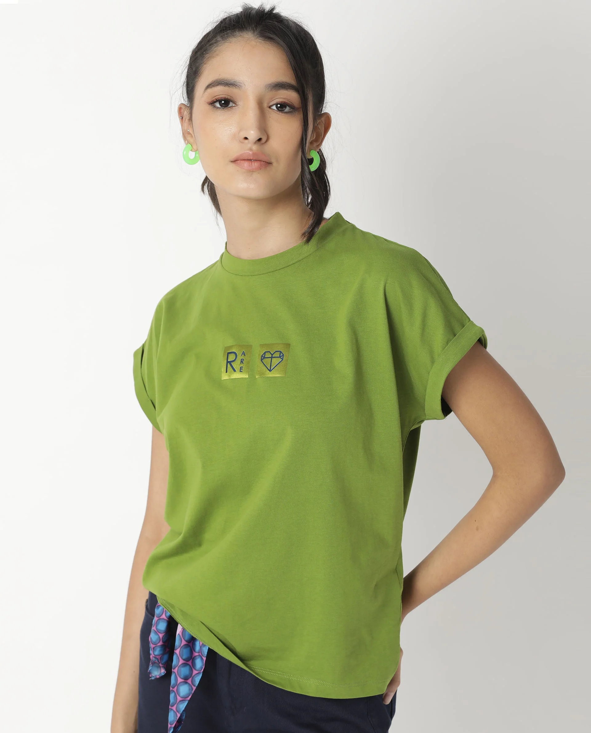 Rareism Womens Cardi Green T-Shirt Cotton Fabric Regular Fit Half Sleeve Round Neck