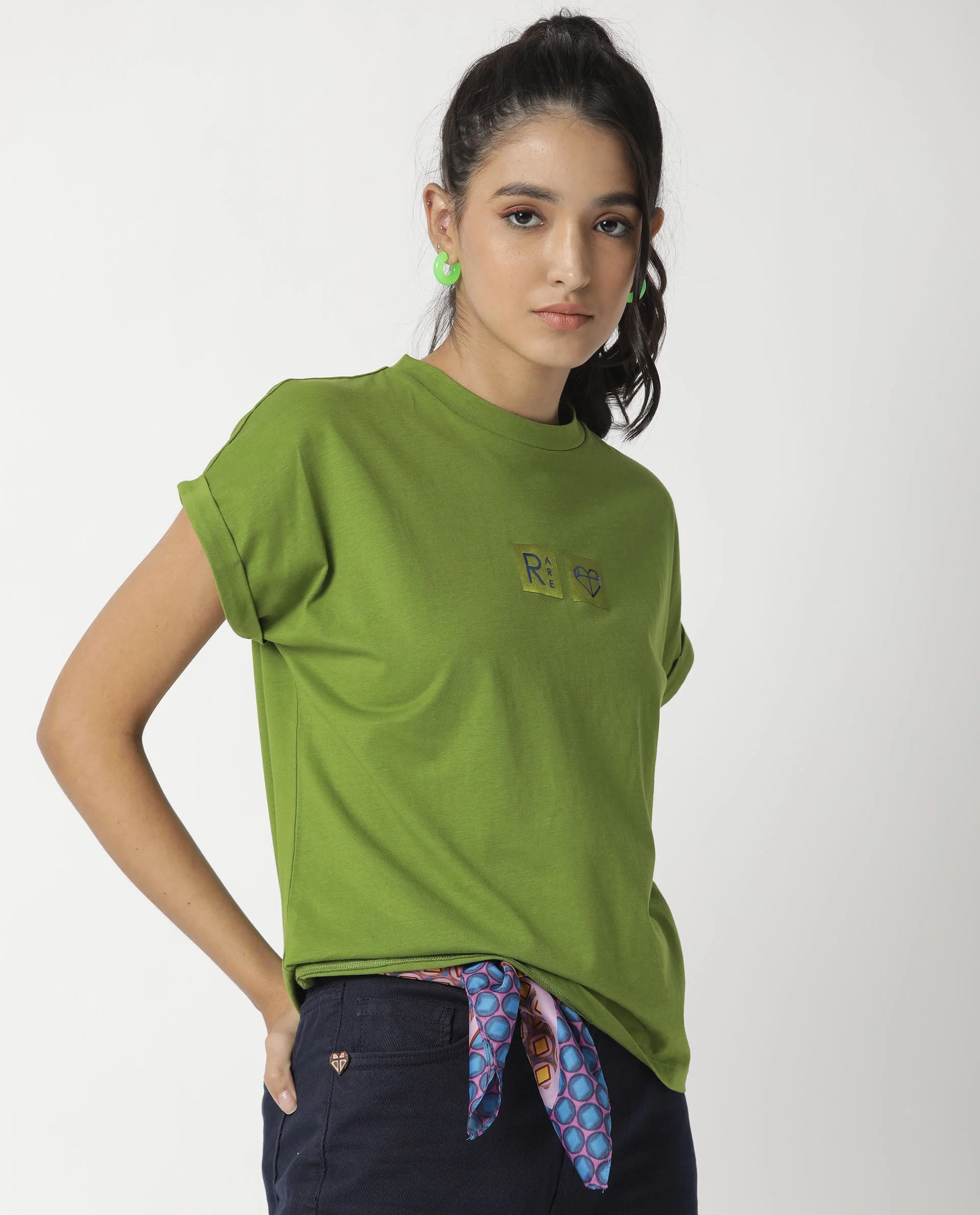 Rareism Womens Cardi Green T-Shirt Cotton Fabric Regular Fit Half Sleeve Round Neck - Image 4