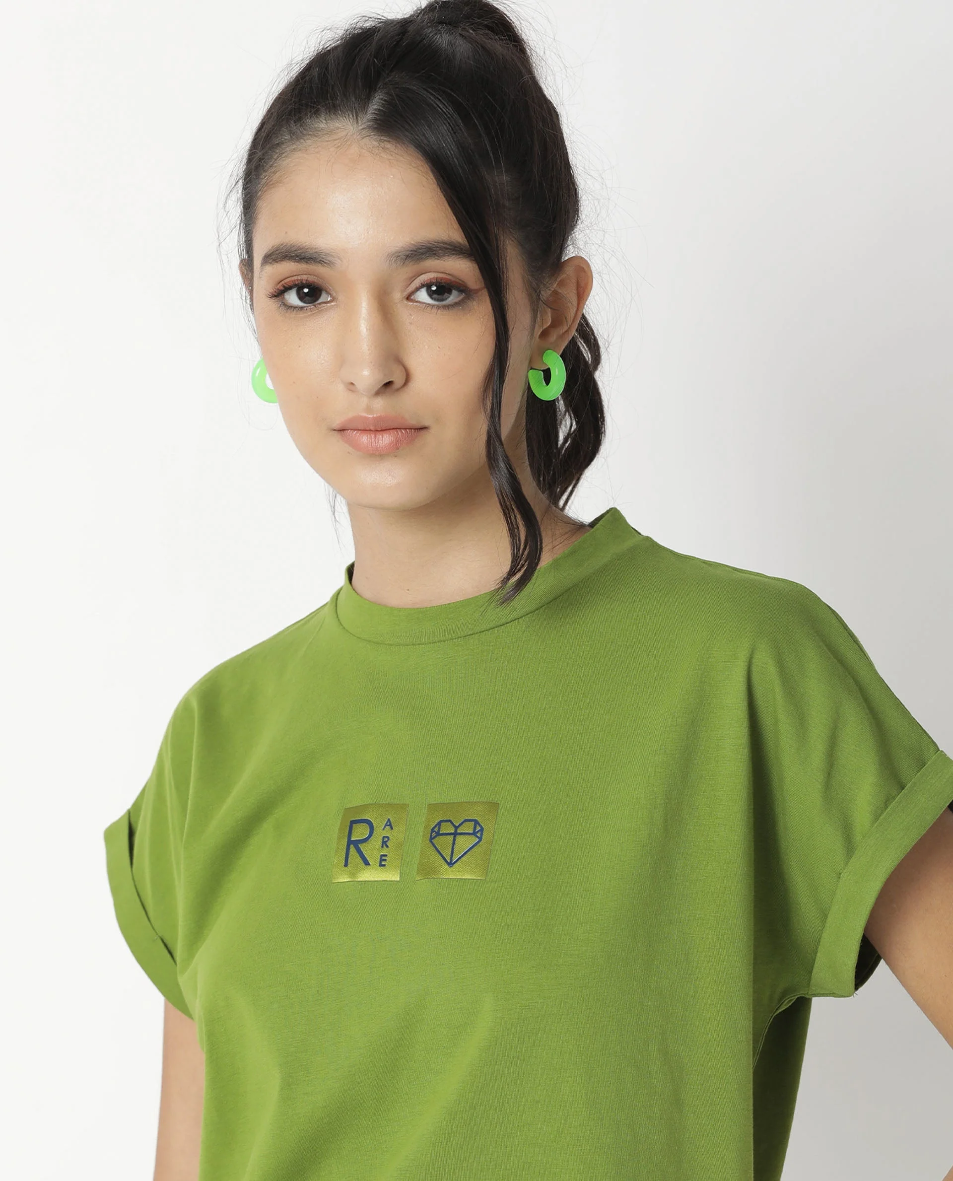 Rareism Womens Cardi Green T-Shirt Cotton Fabric Regular Fit Half Sleeve Round Neck - Image 5