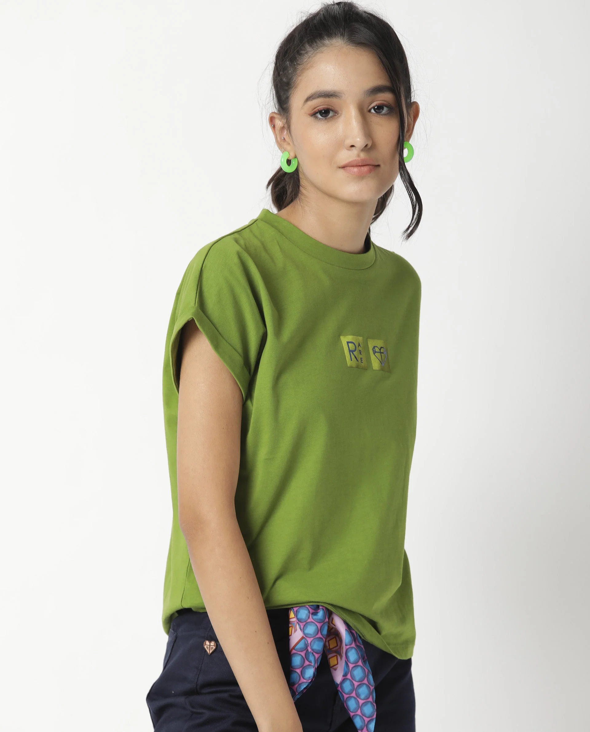 Rareism Womens Cardi Green T-Shirt Cotton Fabric Regular Fit Half Sleeve Round Neck - Image 7