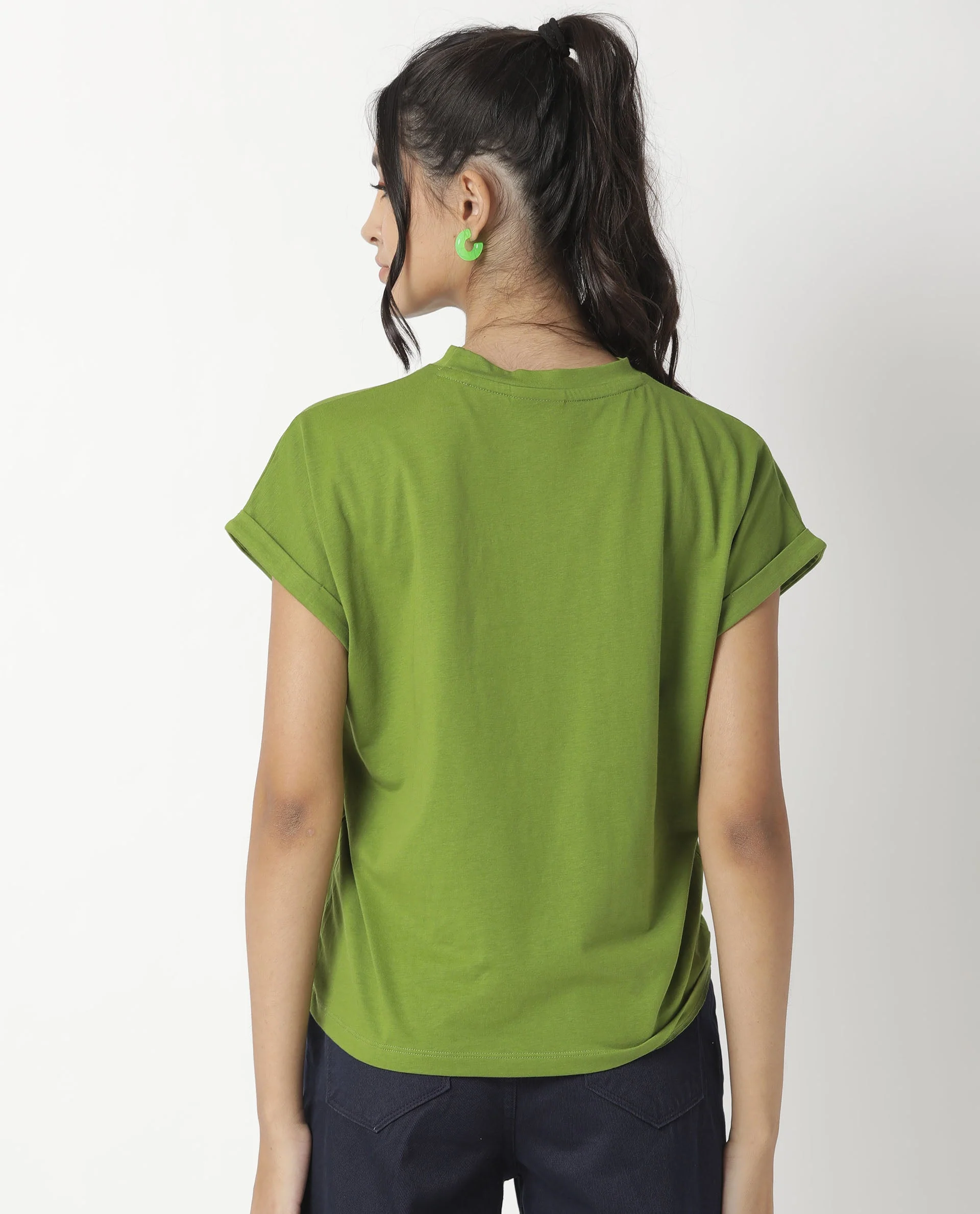 Rareism Womens Cardi Green T-Shirt Cotton Fabric Regular Fit Half Sleeve Round Neck - Image 8