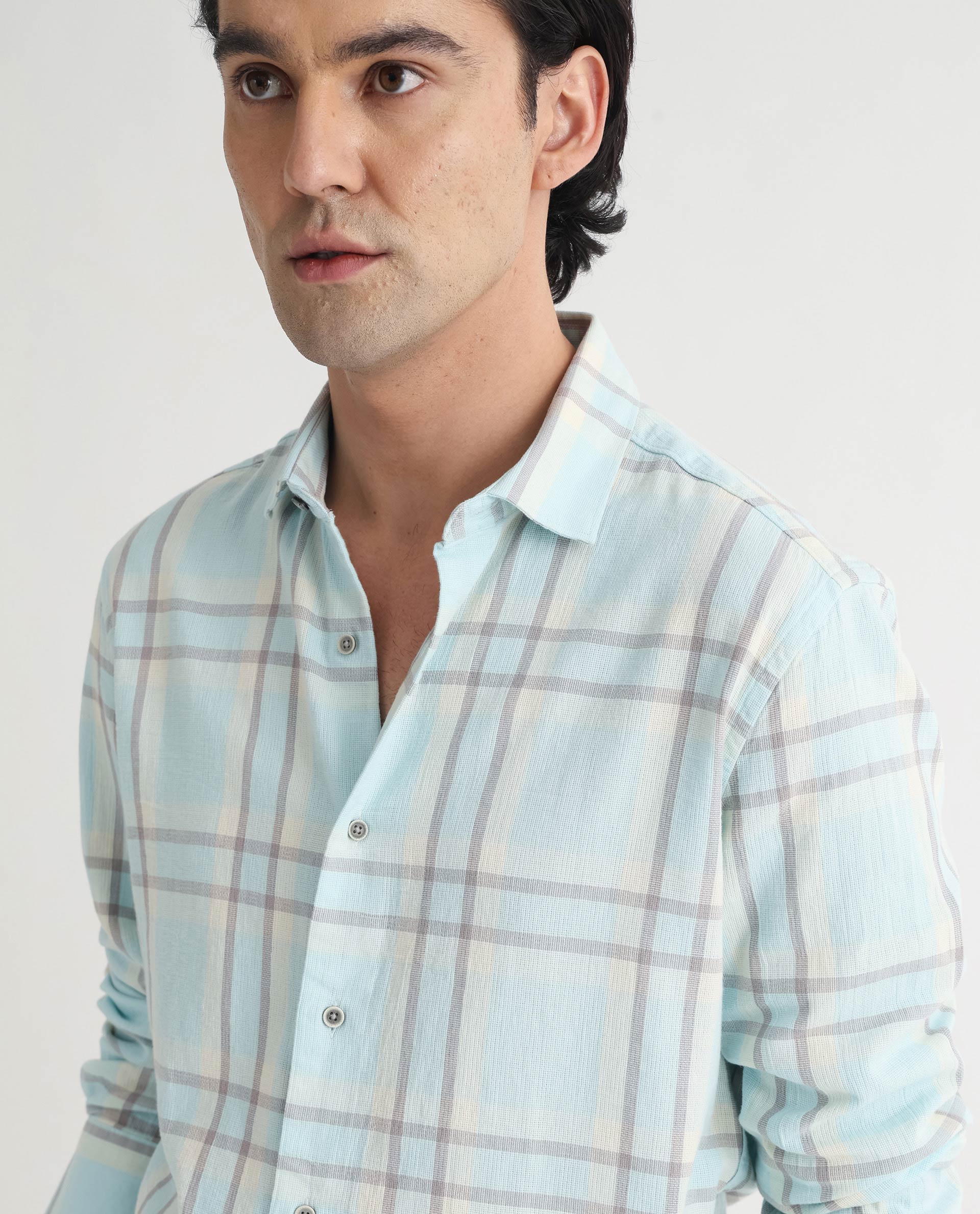 Rare Rabbit Men's Cardin Pastel Blue Checked Print Regular Fit Full Sleeve Collared Shirt - Image 2